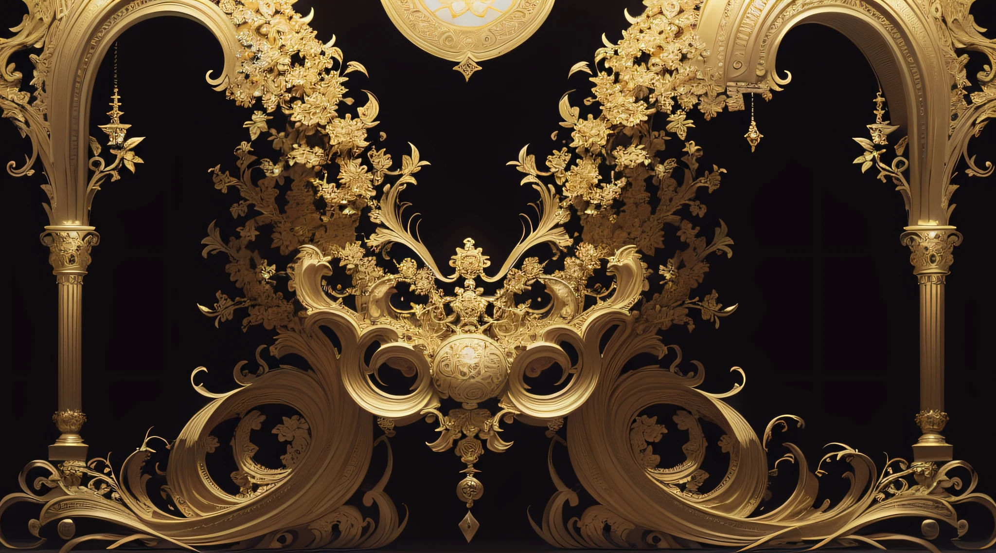 (Masterpiece, Top Quality, Finest Quality, Official Art, Beautiful and Aesthetic: 1.2) (Baroque Ornamental Design, Golden Motifs on a Dark Background), Extreme Detail, (Fractal Art: 1.3), Colored, Most Detailed