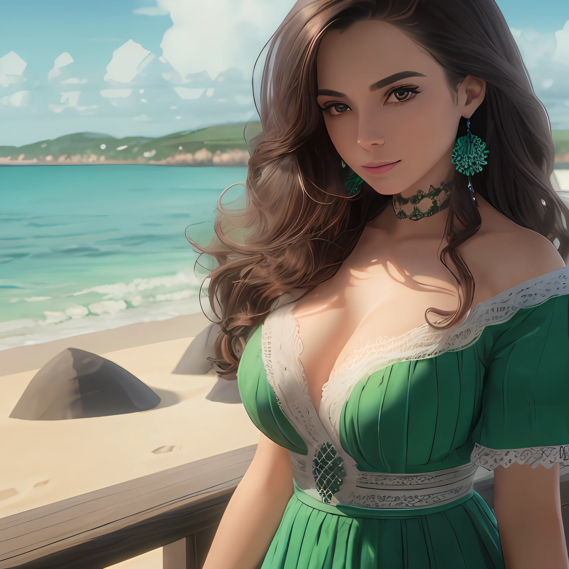 Ultra realista mulher bonita, cabelos castanhos, caucasiana, 30 anos, cabelos negros cacheados, Curado, com uma bermuda verde e uma blusinha curta decotada, vestido preto, mulher na frente de uma praia muito bonita, Super realistic 8K resolution --auto --s2