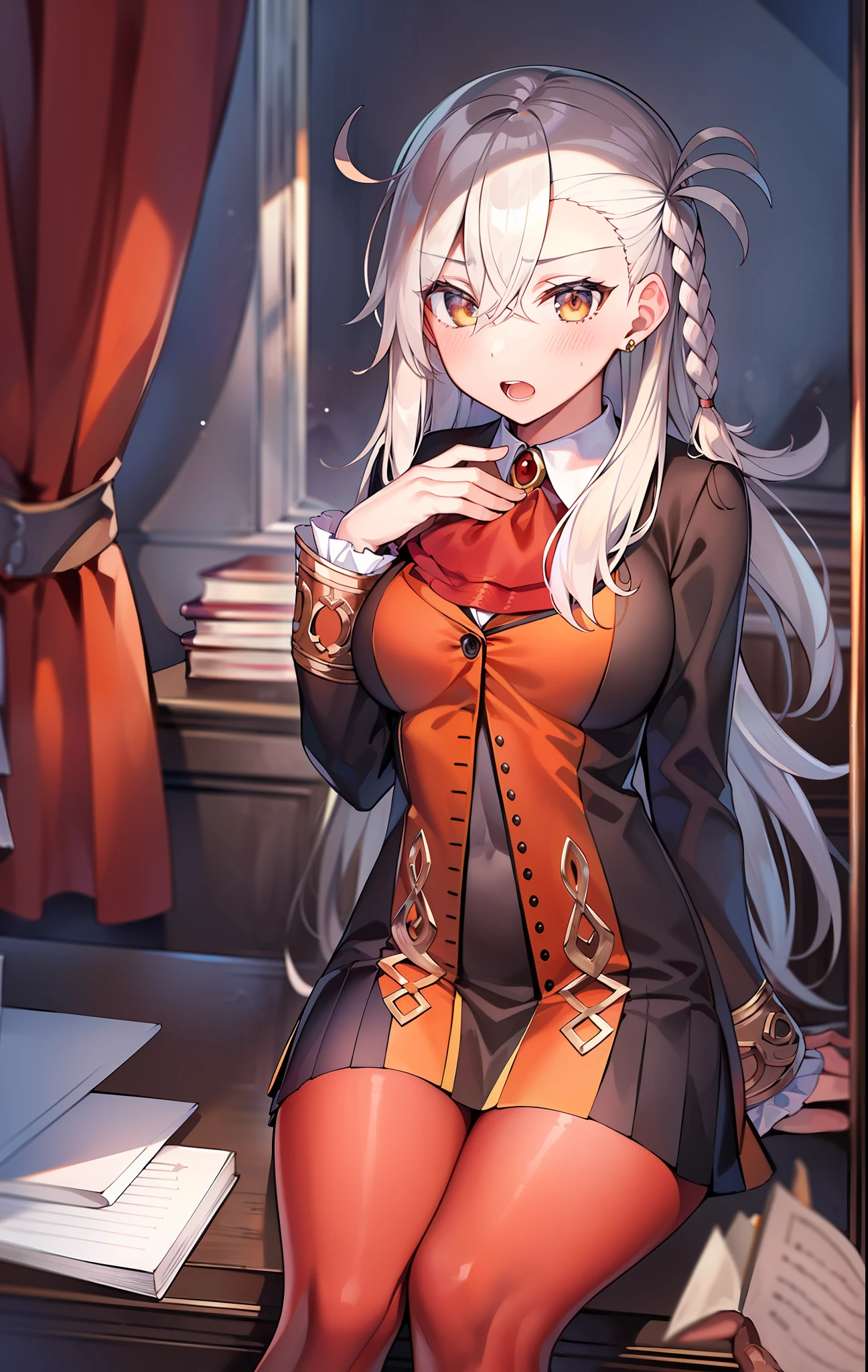 ((Masterpiece, Best quality, high resolution)),
default, official outfit, 1girll, book, Solo, Sitting, book stack, Open mouth, view the viewer, Breasts, Open book, Blush