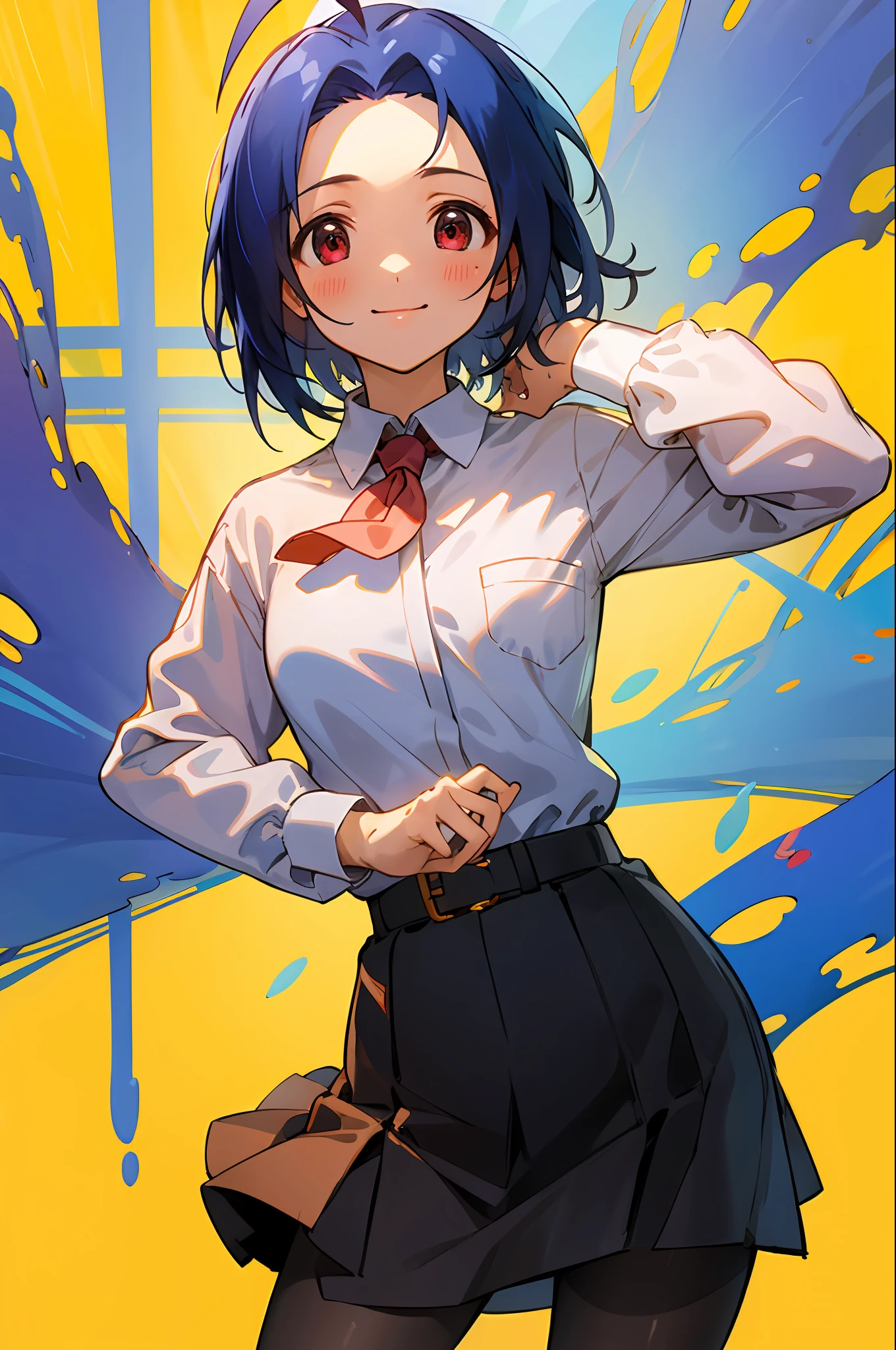 (masterpiece, best quality:1.2), cowboy shot, solo, 1girl, miura azusa, smile, looking at viewer, ahoge, collared shirt, long sleeves, skirt, pantyhose