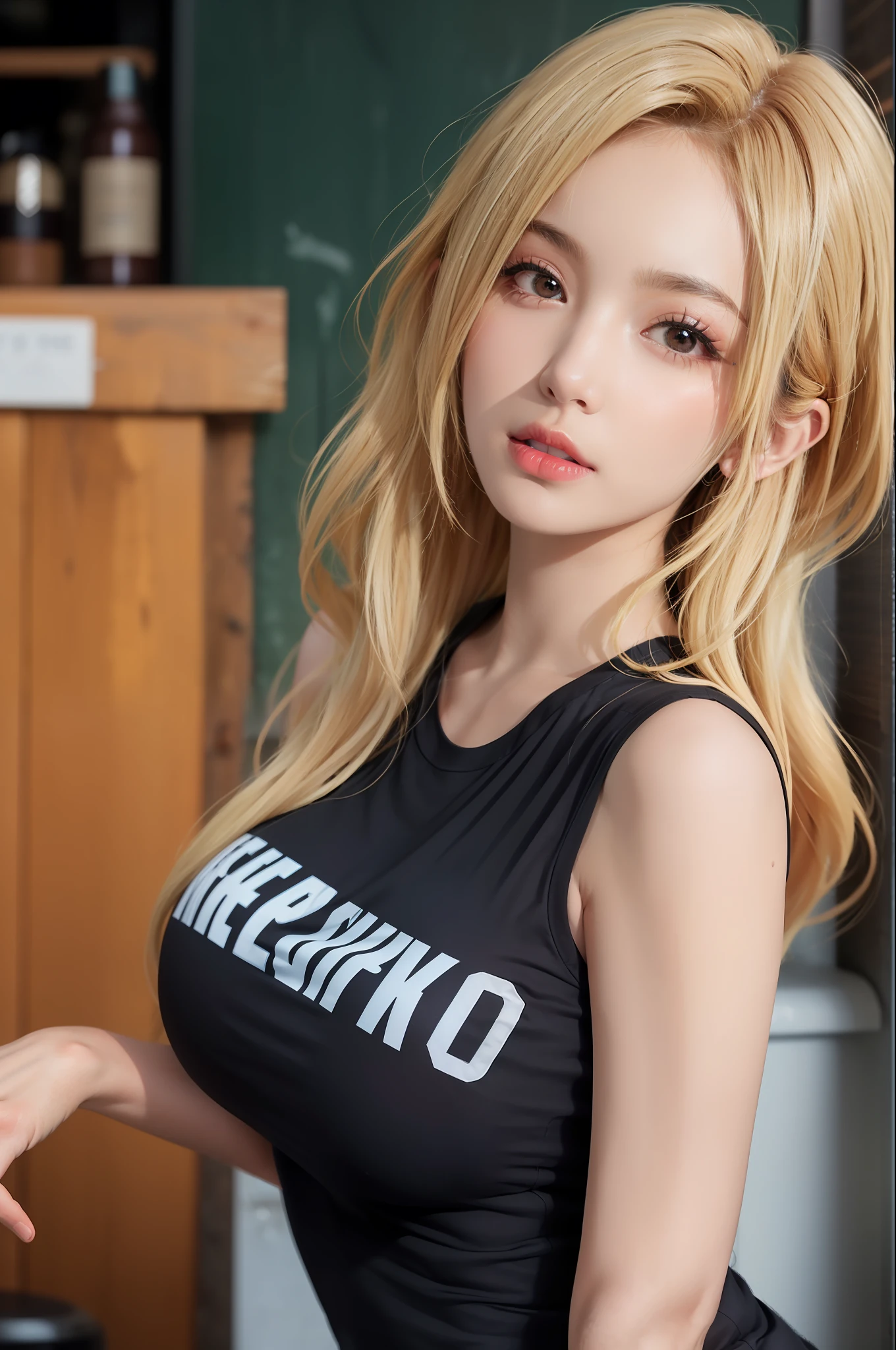 (1girl),large breasts, breasts, tan, dewy skin, sweaty skin, wavy blonde hair, punk tshirt, punk girl