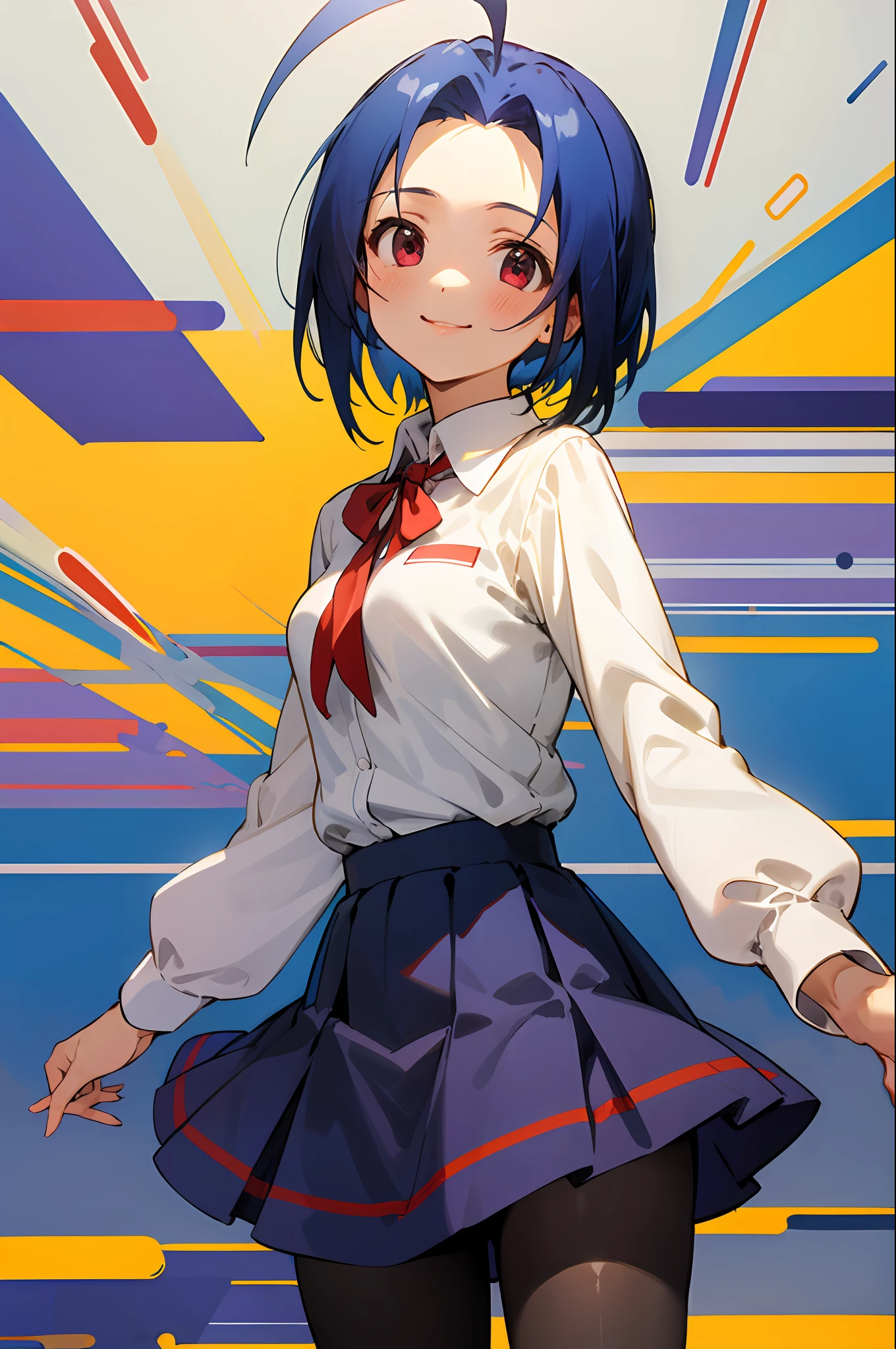 (masterpiece, best quality:1.2), cowboy shot, solo, 1girl, miura azusa, smile, looking at viewer, ahoge, collared shirt, long sleeves, skirt, pantyhose