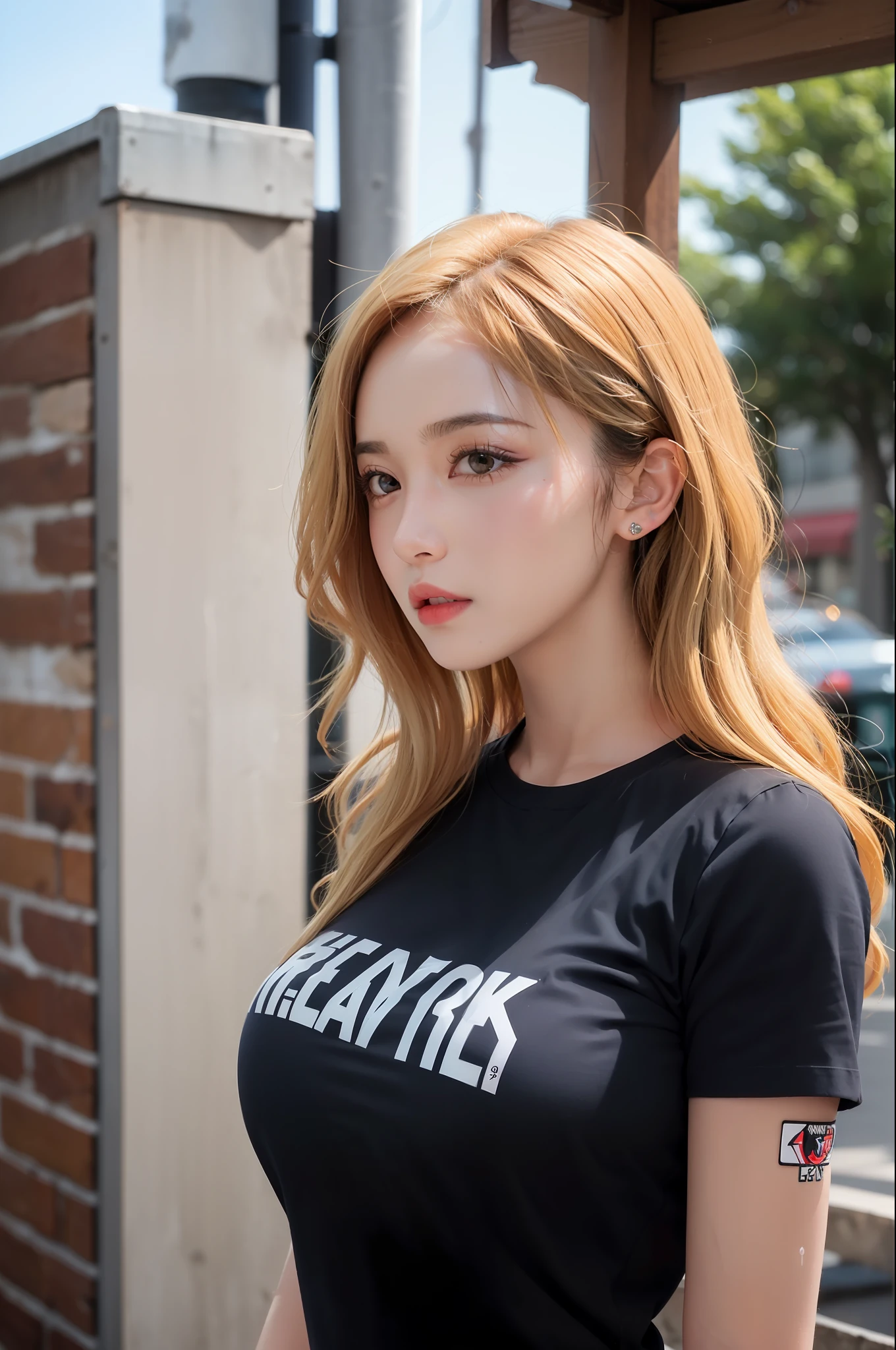 (1girl),large breasts, breasts, tan, dewy skin, sweaty skin, wavy blonde hair, punk tshirt, punk girl