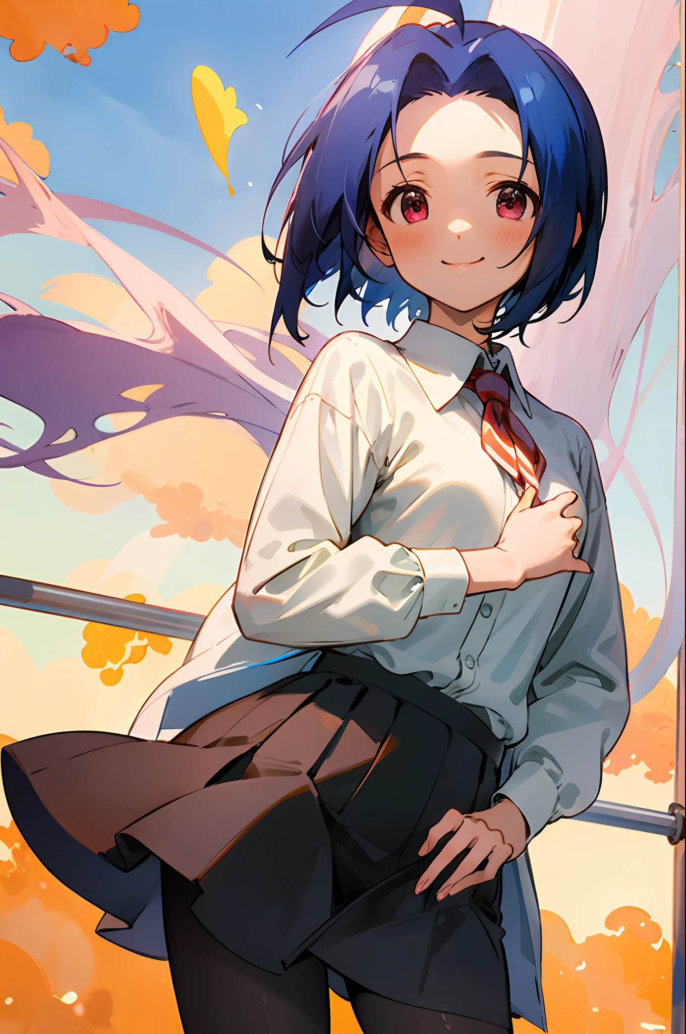 (masterpiece, best quality:1.2), cowboy shot, solo, 1girl, miura azusa, smile, looking at viewer, ahoge, collared shirt, long sleeves, skirt, pantyhose