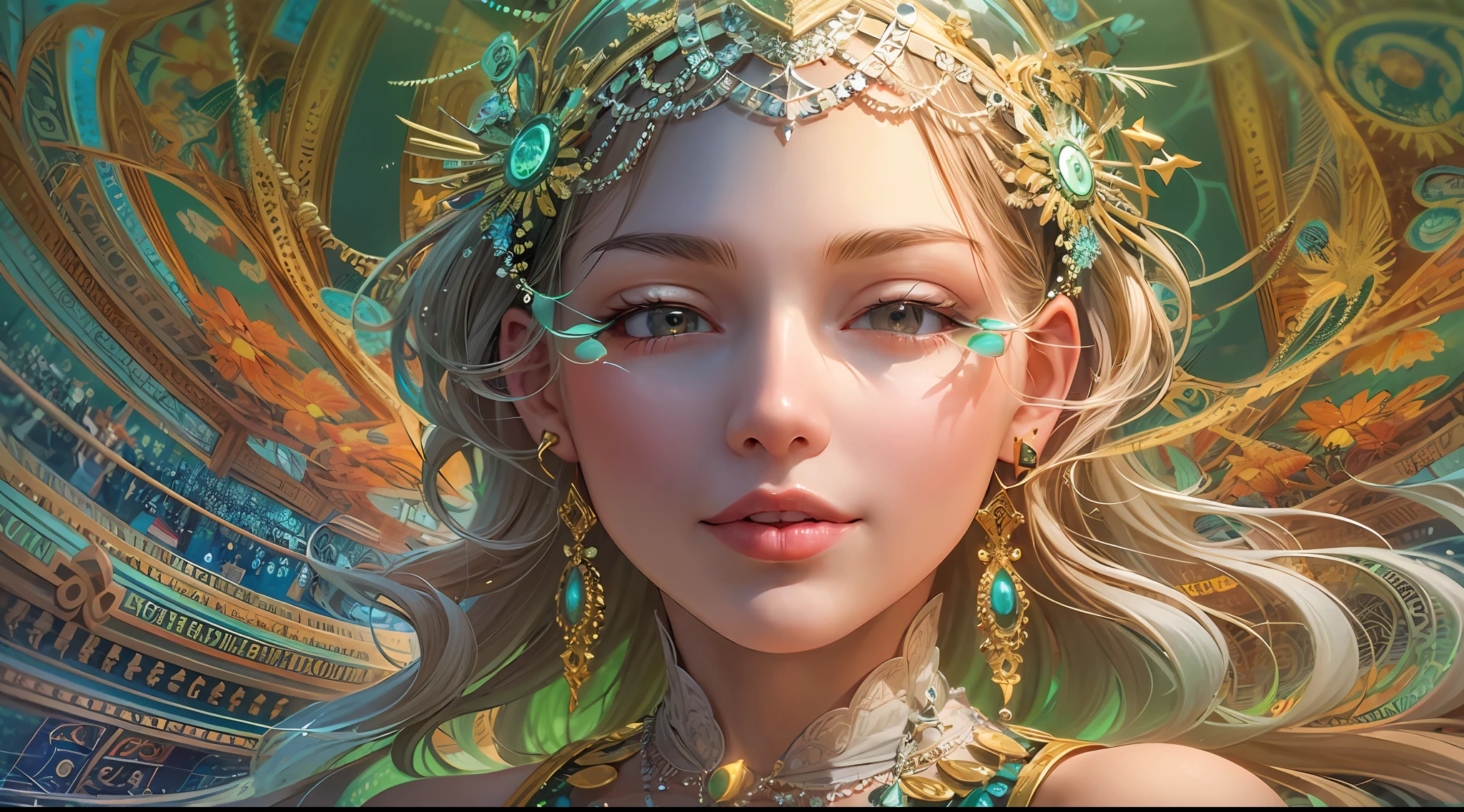 a girl on the beach,  Goddess of Dance、Sensual dance on a circular stage、A smile、A magic circle appeared above my head and at my feet.、 hyper detailed painting, luminism,  4K resolution, fractal isometrics details bioluminescence , Isometric-centric surreal   , Cinematic, Abstract beauty, Approaching perfection, Pure form, Golden ratio, minimalistic, Concept art, Intricate details,