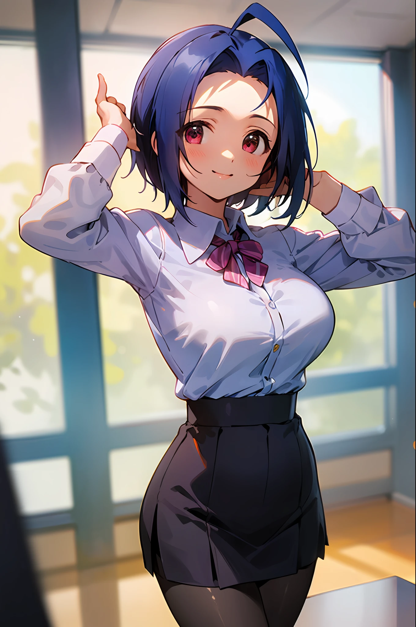 (masterpiece, best quality:1.2), cowboy shot, solo, 1girl, miura azusa, smile, ((Standing in the office)), looking at viewer, ahoge, ((large breasts)), collared shirt, long sleeves, skirt, pantyhose