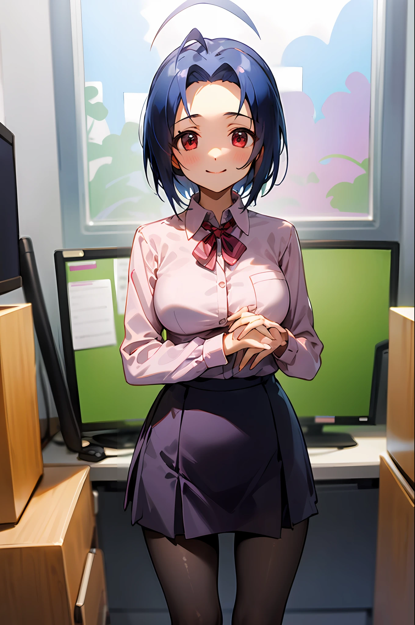 (masterpiece, best quality:1.2), cowboy shot, solo, 1girl, miura azusa, smile, ((Standing in the office)), looking at viewer, ahoge, ((large breasts)), collared shirt, long sleeves, skirt, pantyhose