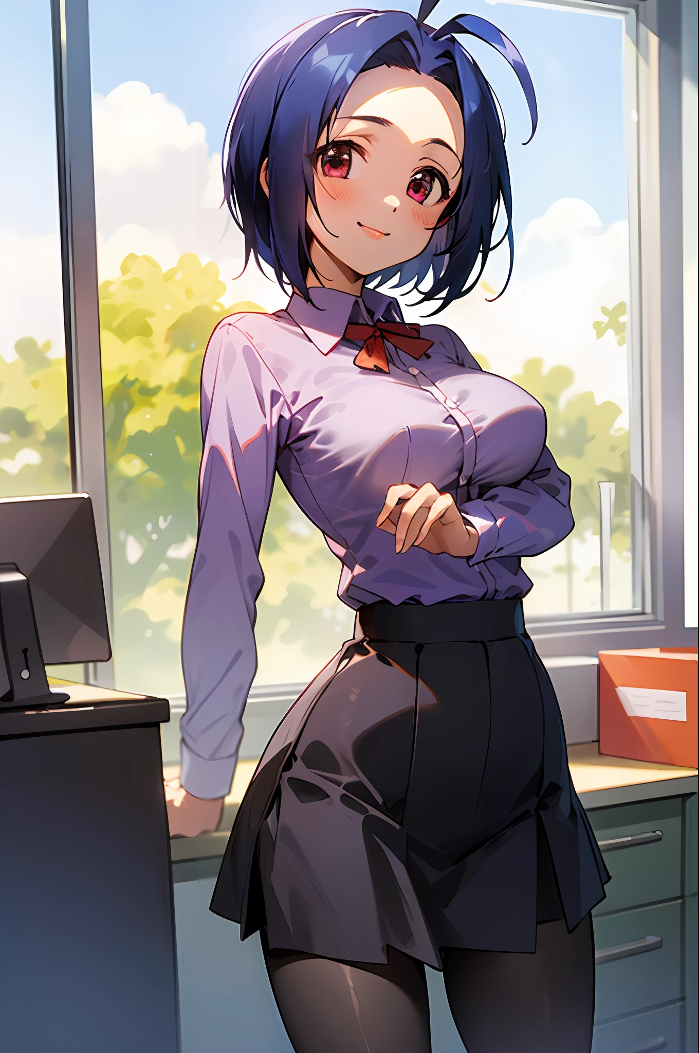 (masterpiece, best quality:1.2), cowboy shot, solo, 1girl, miura azusa, smile, ((Standing in the office)), looking at viewer, ahoge, ((large breasts)), collared shirt, long sleeves, skirt, pantyhose