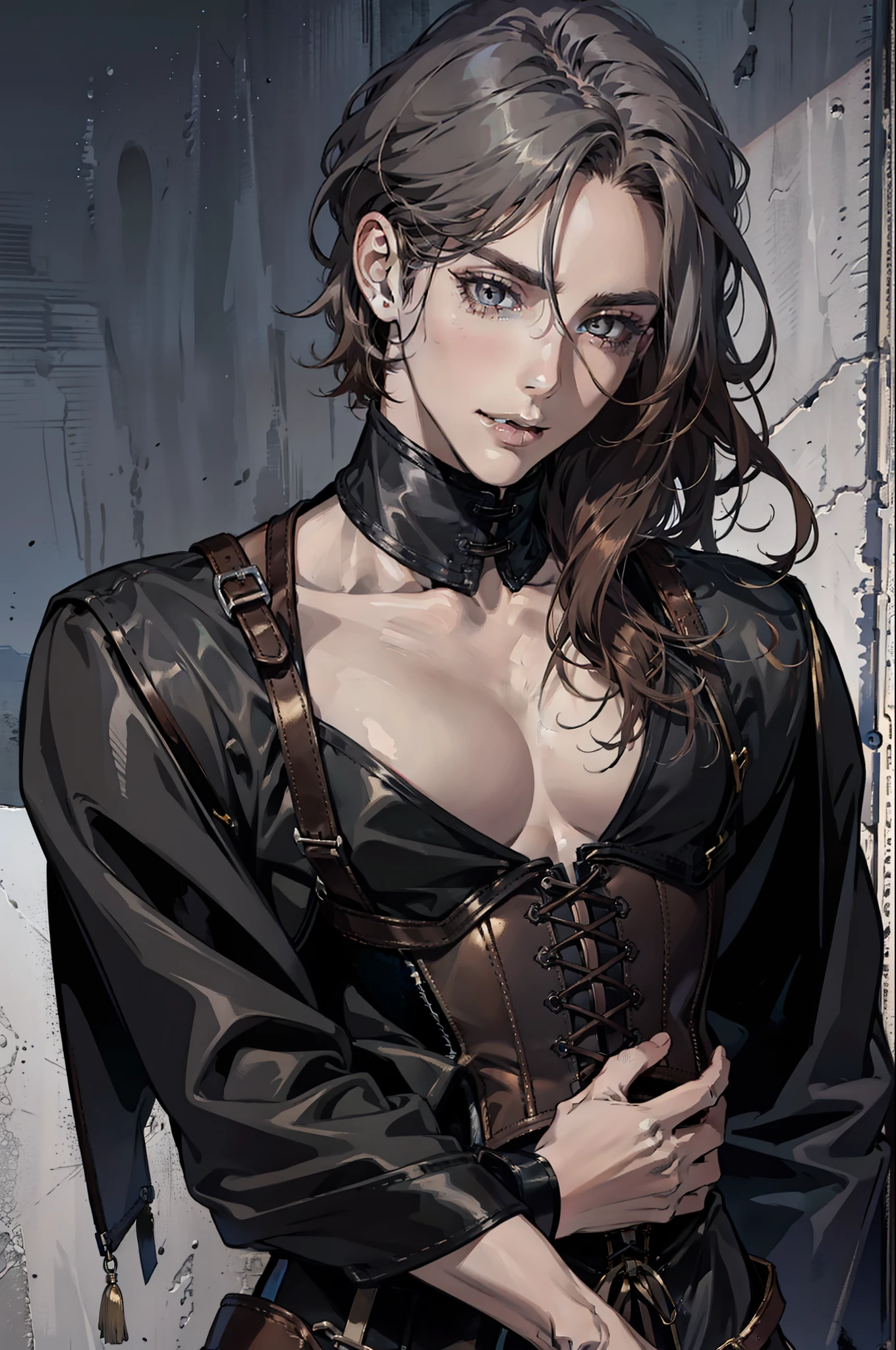 (absurdres, highres, ultra detailed), 1man, 30 years old man, adult man, handsome, tall,, finely detailed eyes and detailed face, leather pants, (((open chest))), (((underbust corset))), night, smile, dutch angle, ((long hair, brown hair)), gold details, gothic, vampire, vampire prince, dark, simple clothes, looking at the view, tan skin, detailed eyes, (masculine), sexy, elegant, long bangs, detailed hands, (((gray eyes))), corset, flirt,