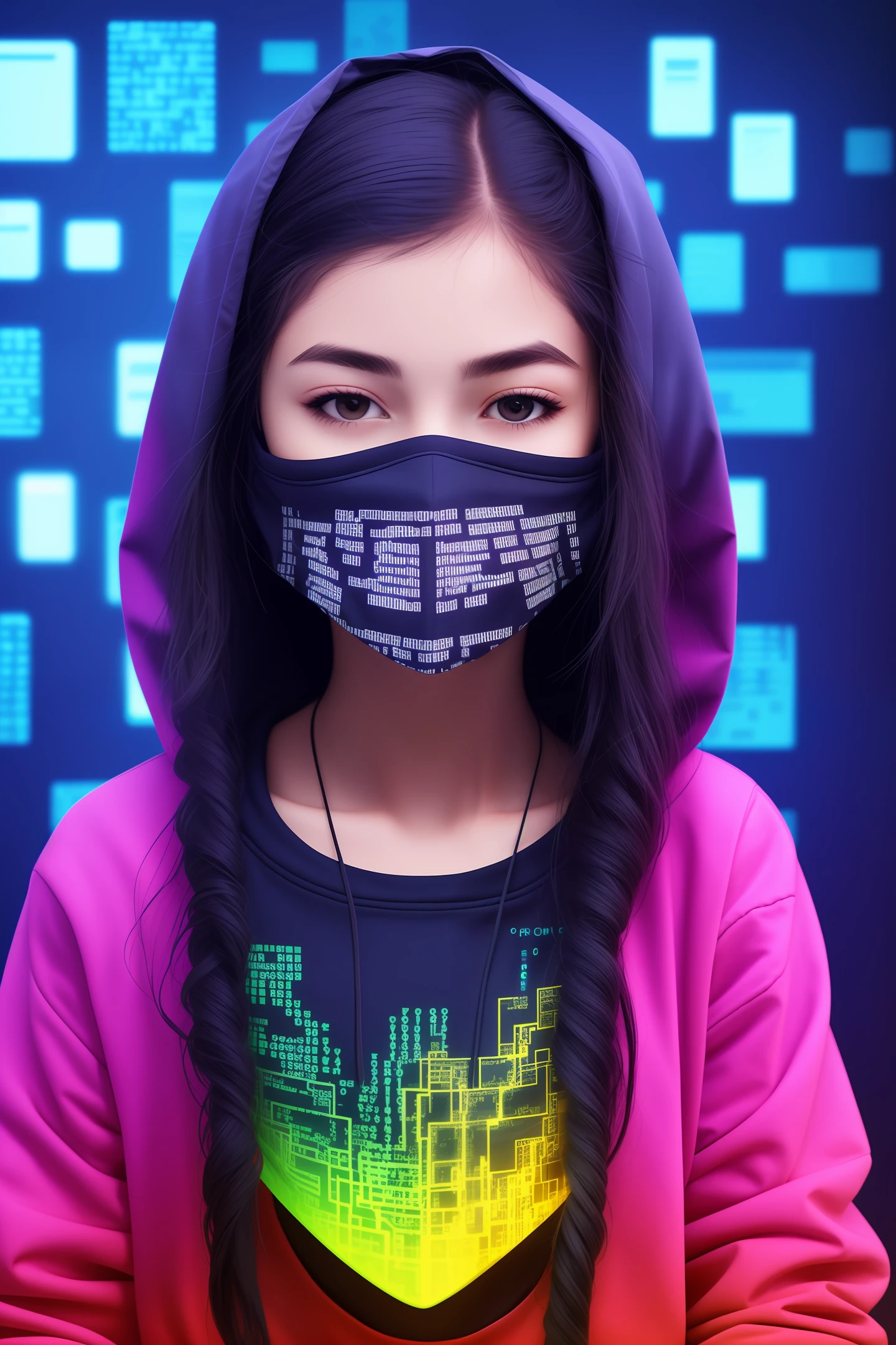 Young, hacker, woman, portrait with mask wearing sweatshirt cover