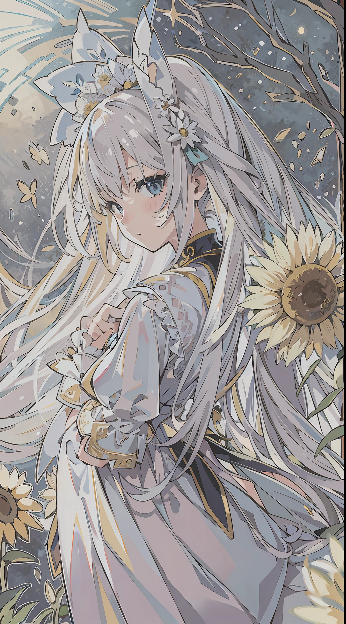 (Realistic painting style:0.9),(faux traditional media:1.0), ((masterpiece)), (((best quality))), ((full body shot)), front view, Cinematic light, Depth of field, Young anime girl with long hair, white hair, blue eyes, detailed eyes, sharp pupils, realistic pupils, ((lolita fashion)), pink ribbons in hair, light smile, white elbow gloves, white tights, ((long dress)), white dress, sunflowers in background, starry sky background