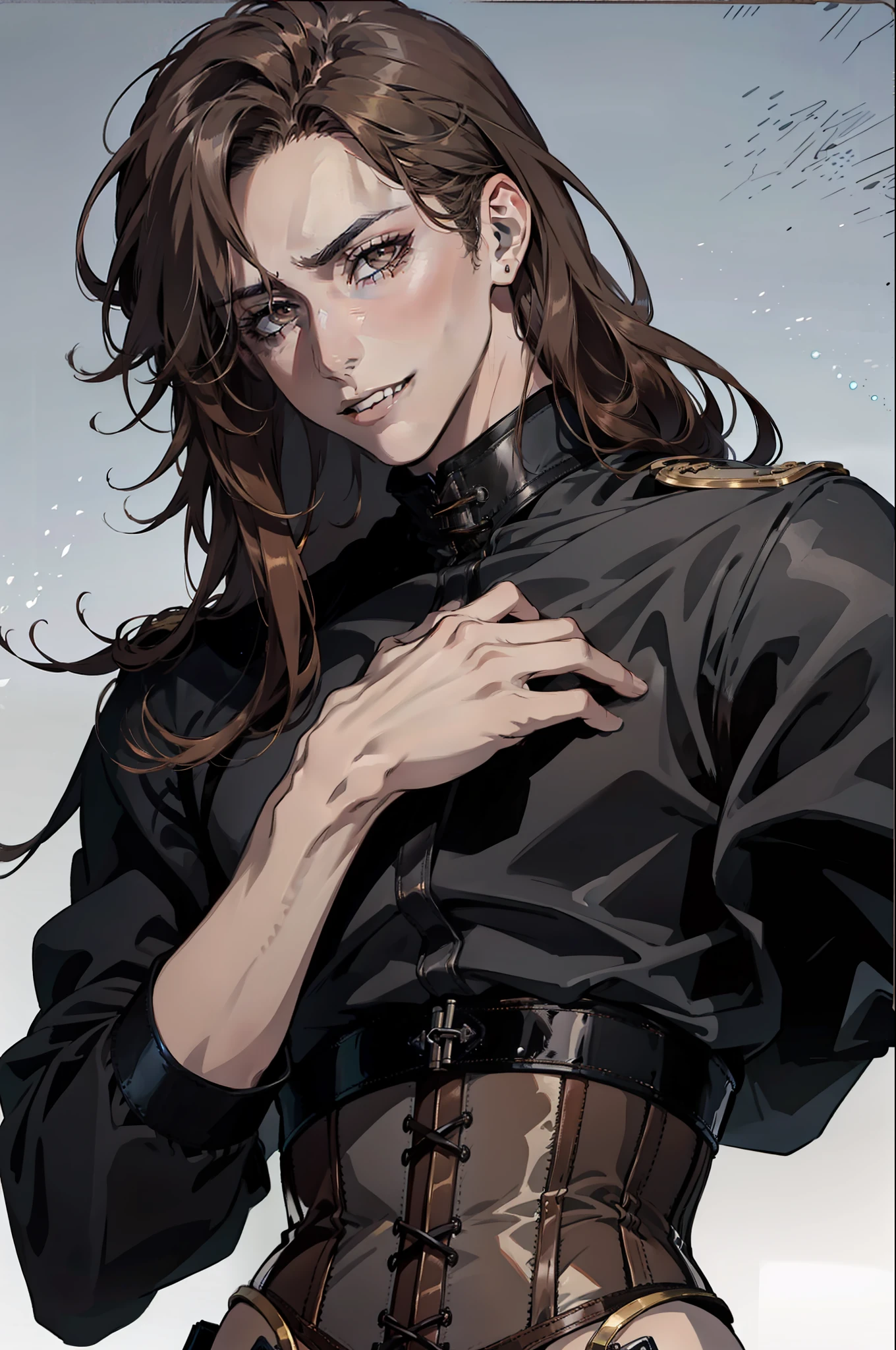 (absurdres, highres, ultra detailed), 1man, 30 years old man, adult man, handsome, tall,, finely detailed eyes and detailed face, leather pants, (((open chest))), (((underbust corset))), night, smile, dutch angle, ((long hair, brown hair)), gold details, gothic, vampire, vampire prince, dark, simple clothes, looking at the view, tan skin, detailed eyes, (masculine), sexy, elegant, long bangs, detailed hands, (((gray eyes))), corset, flirt,