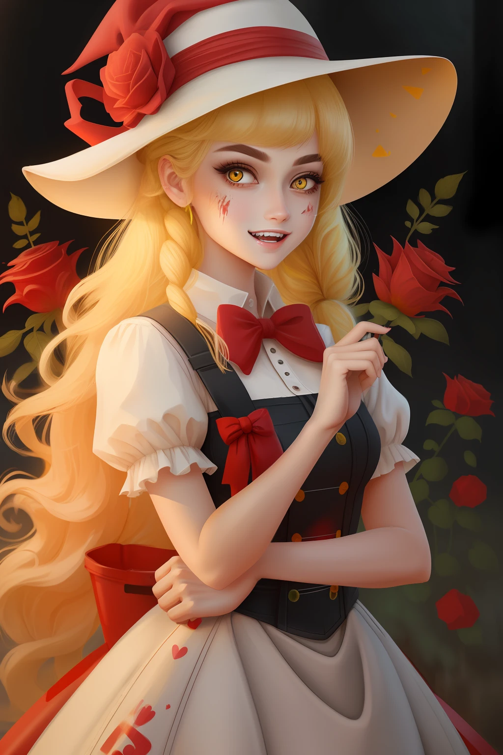 Original Character, Volumetric Lighting, Best Shadows, Shallow Depth of Field, Portrait Of Stunningly Beautiful Girl, Petite, Delicate Beautiful Attractive Face With Alluring Yellow Eyes, Messy Painted Face, Sharp Eyebrows, Broadly Smiling, Open Mouth, Fangs Out, Lovely Medium Breasts, Layered Long Twintail Blond Hair, Blush Eyeshadow, Thick Eyelashes, Applejack Hat, Oversized Pop Jacket, Mini Underboob Tee, Open Navel, Slim Waist, Denim Jeans Pants, With Buckle Belt, In The Graffiti Alley, Waste Container, Outside Stairs, Outdoor Unit, Holding Spray Paint Can, Standing, (Highest Quality, Amazing Details:1.25), (Solo:1.3), Brilliant Colorful Paintings