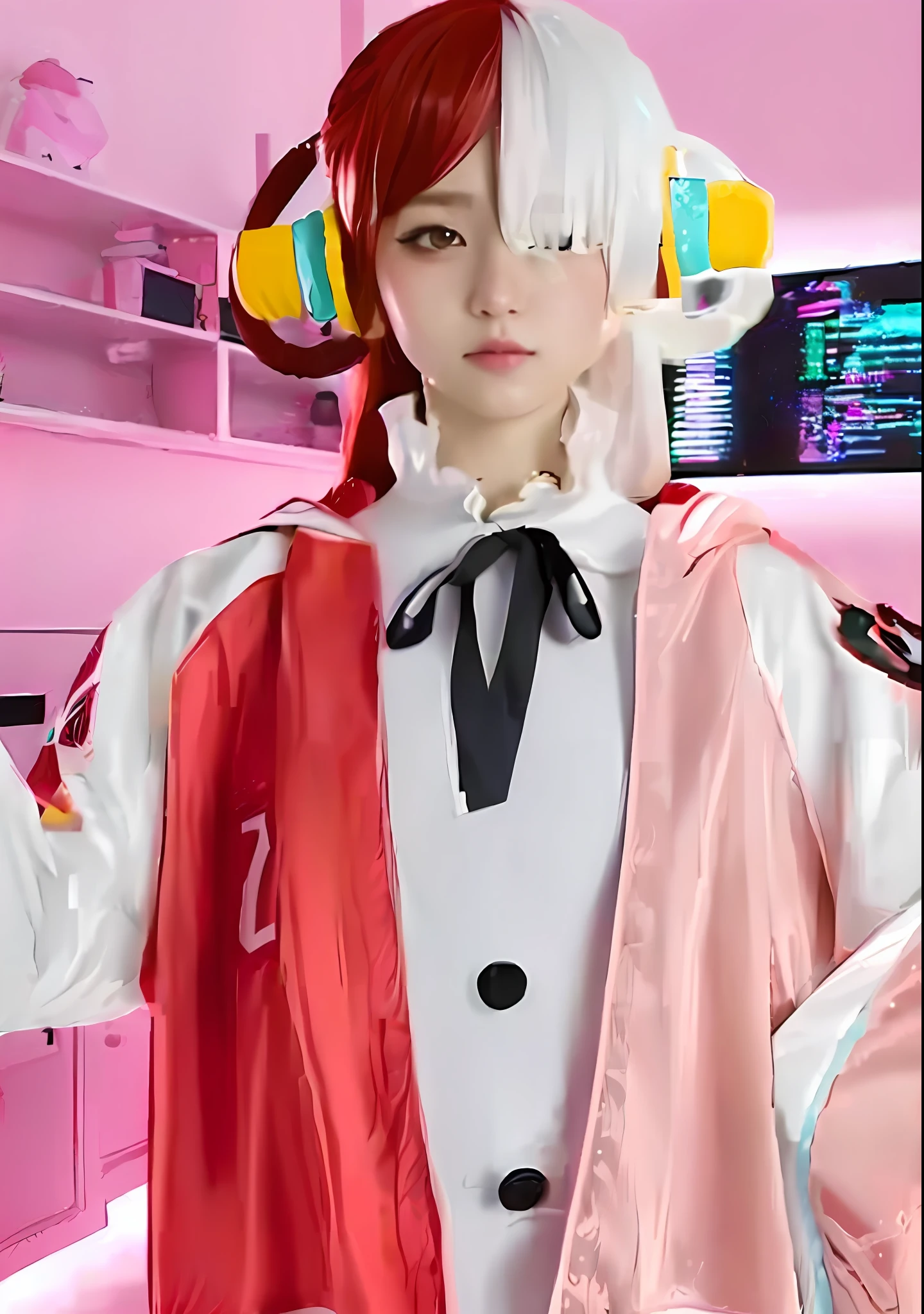 Half white and half pink hair color、Photorealsitic, hight resolution, 1 rapariga, Korea person, Heterochromia eyes, small moles under eyes
