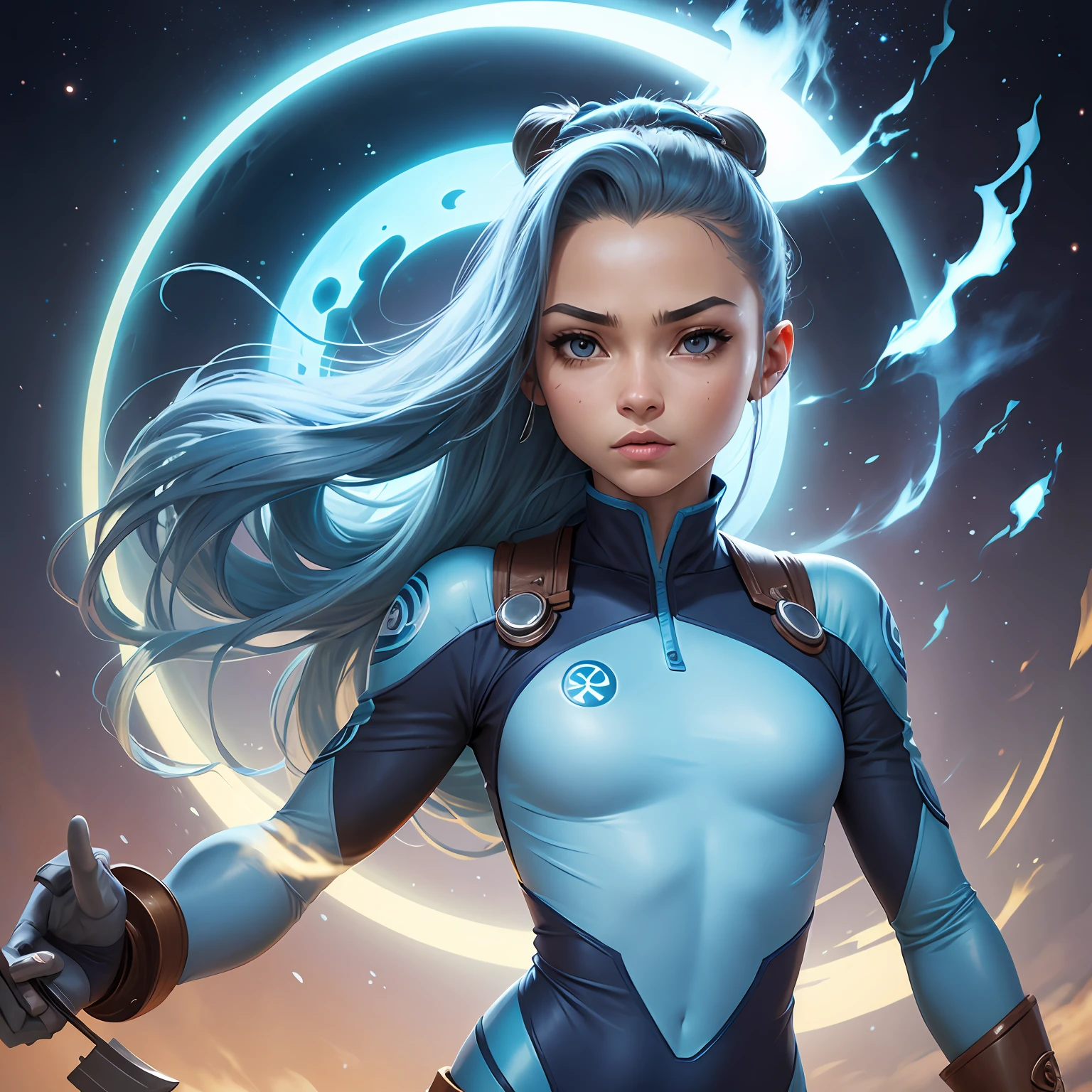 Katara, personagem de Avatar A Lenda de Aang, cabelos castanhos, olhos azulados, plugsuit colado ao corpo, beijando Sokka. --auto