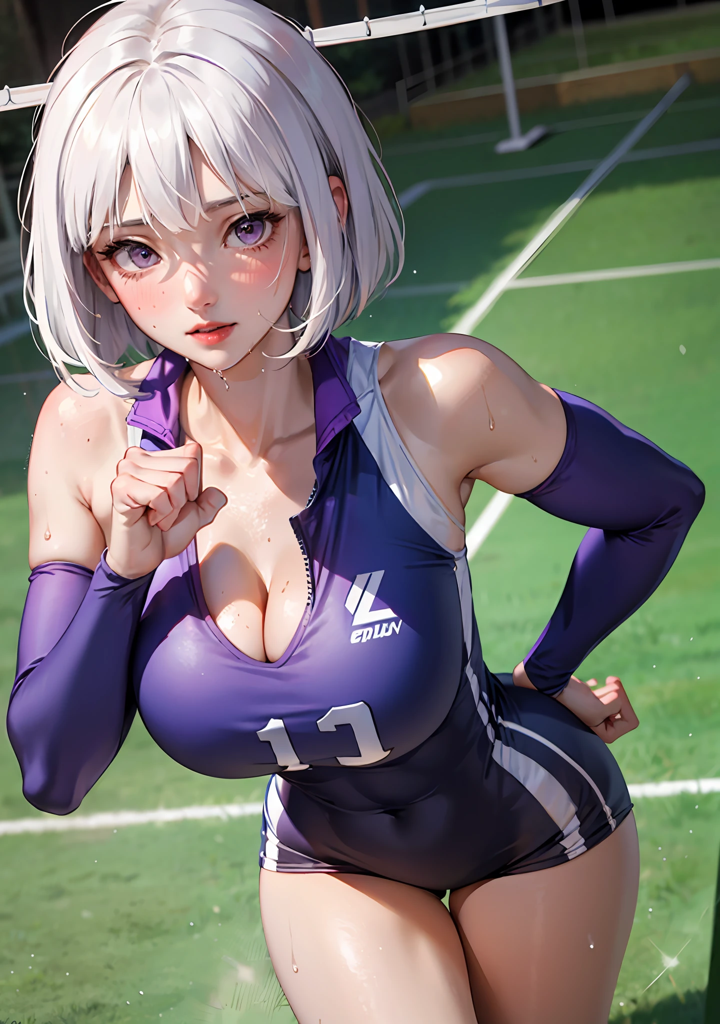 1girl, white hair, purple eyes, bob cut, wavy hair, average breasts, blush, glow, thighs, bare shoulders, collarbone, narrow waist, cleavage, (masterpiece), tight volleyball uniform, wet clothes, sweat, volleyball court,