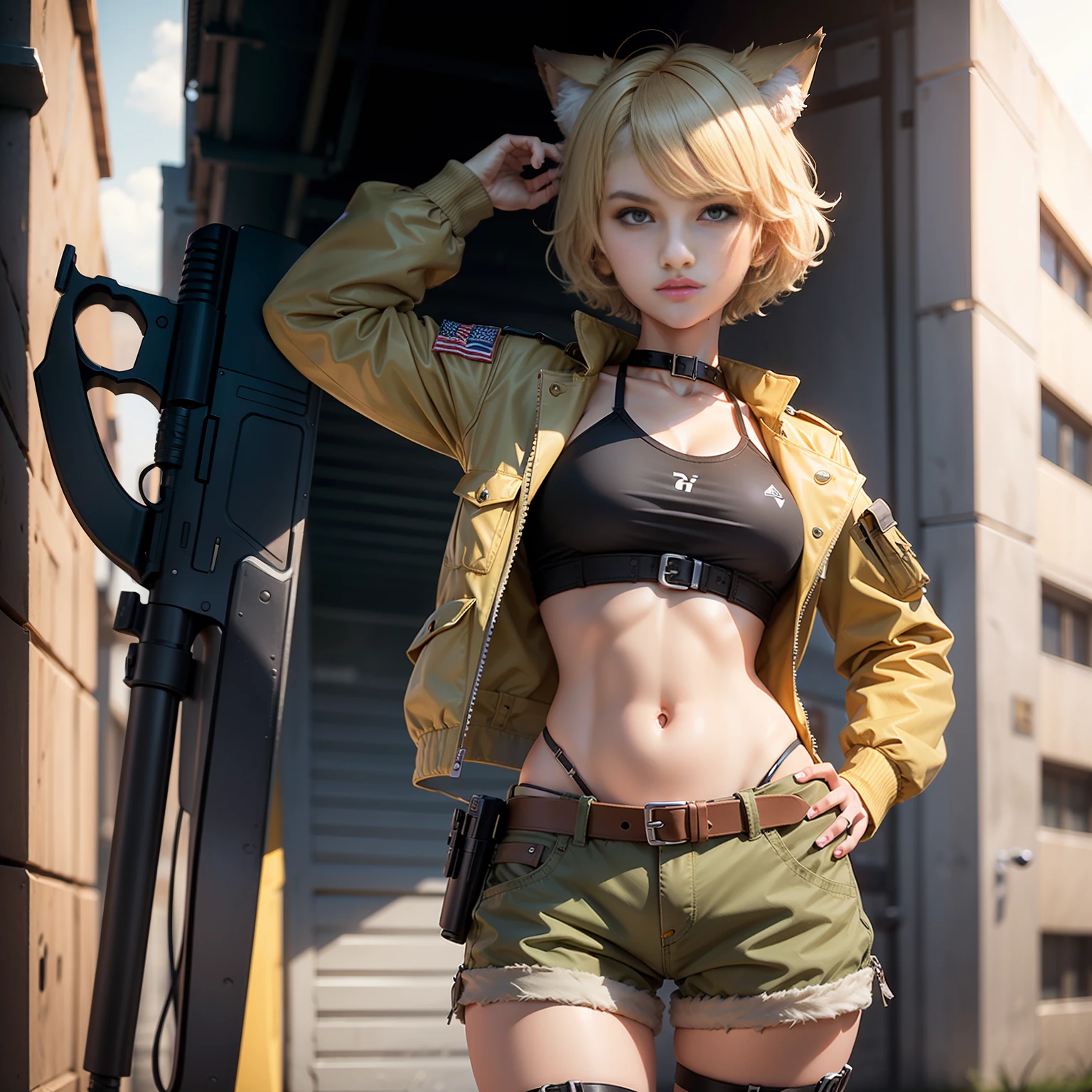 Realistic girl. 3d. Detailed. detailed hairstyle, hair light, Short Hair Hair, with short blonde hair, light blonde hair. square. Bob hairstyle. Yellow eyes. golden eyes. Jolly Girl. Military jacket. Military style. khaki. bellybutton. hason. Army shorts. khaki. Khaki spots. Wide strap, belts, Straps. Weapon on the belt. pistol on the belt. Holster. arma. wolf ears, wolf tail. gloomy background. Dark background. No ears.