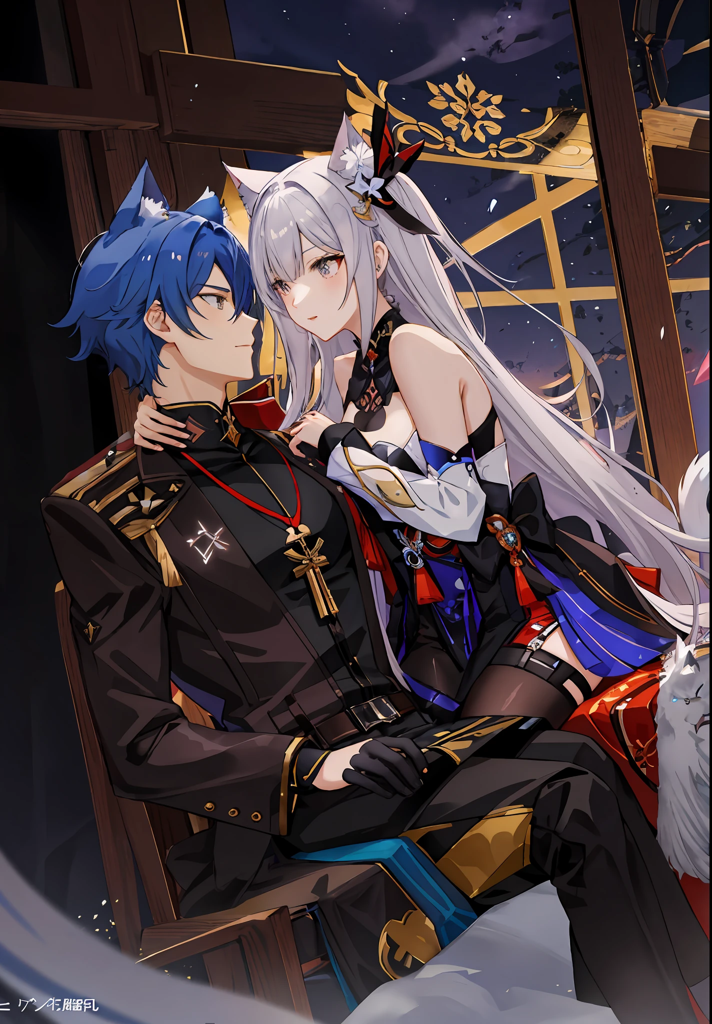 Anime couple sitting in chairs,There is a cat on his lap, Genshin, Kushatt Krenz Key Art Women, Detailed key anime art, Keqing from Genshin Impact, sakimichan and frank franzzeta, WLOP and Sakimichan, A scene from the《azur lane》videogame, Genshin impact's character, steam romance