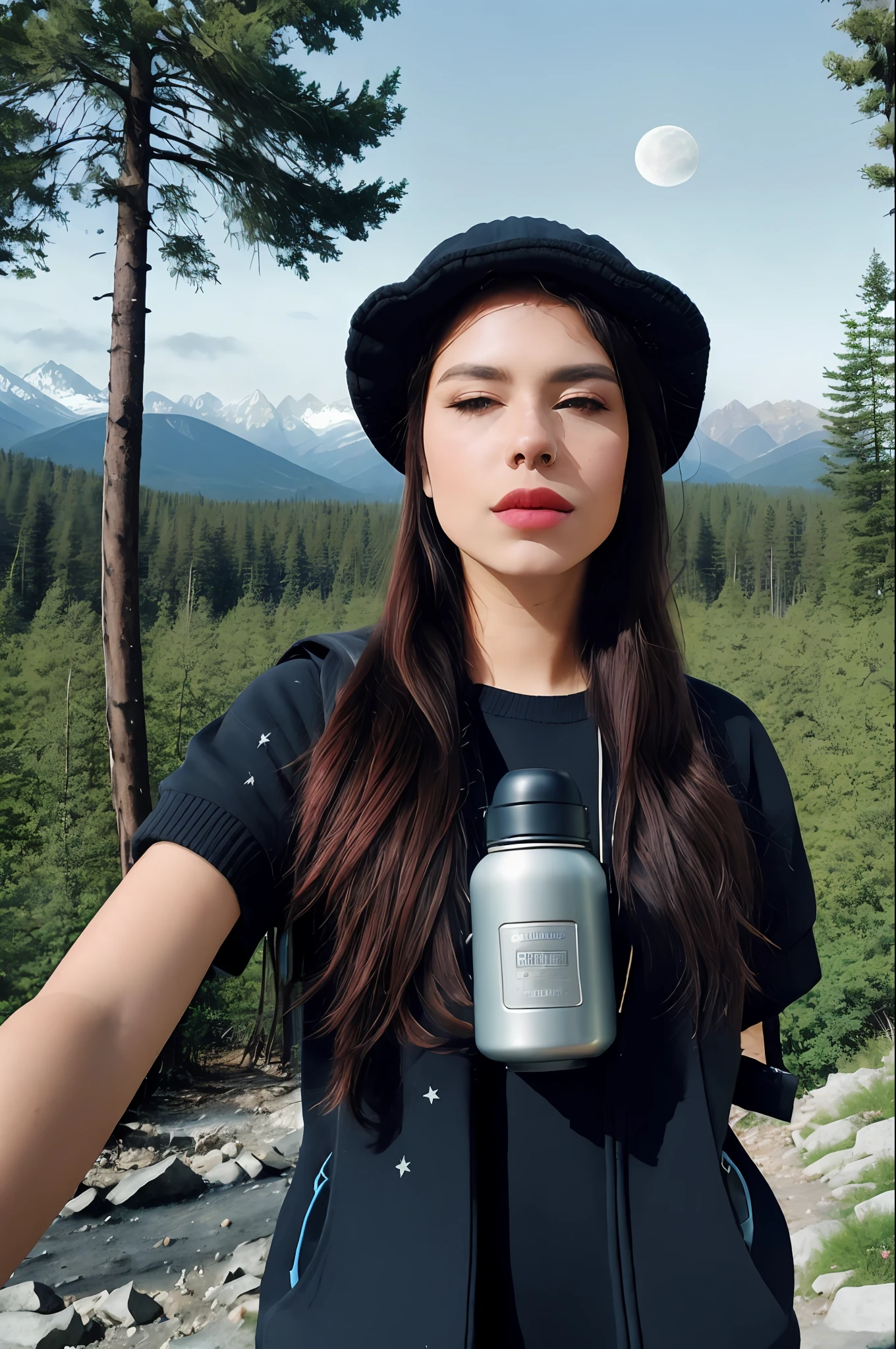 1 woman ((upper body selfie, happy)), masterpiece, best quality, ultra-detailed, ground, outdoor, (night), mountains, nature, (stars, moon) cheerful, happy, backpack, bag sleeping, camping stove, water bottle, mountain boots, gloves, sweater, hat, lantern, forest, stones, river, wood, smoke, shadows, contrast, clear sky, style, (warm hue, warm tone)