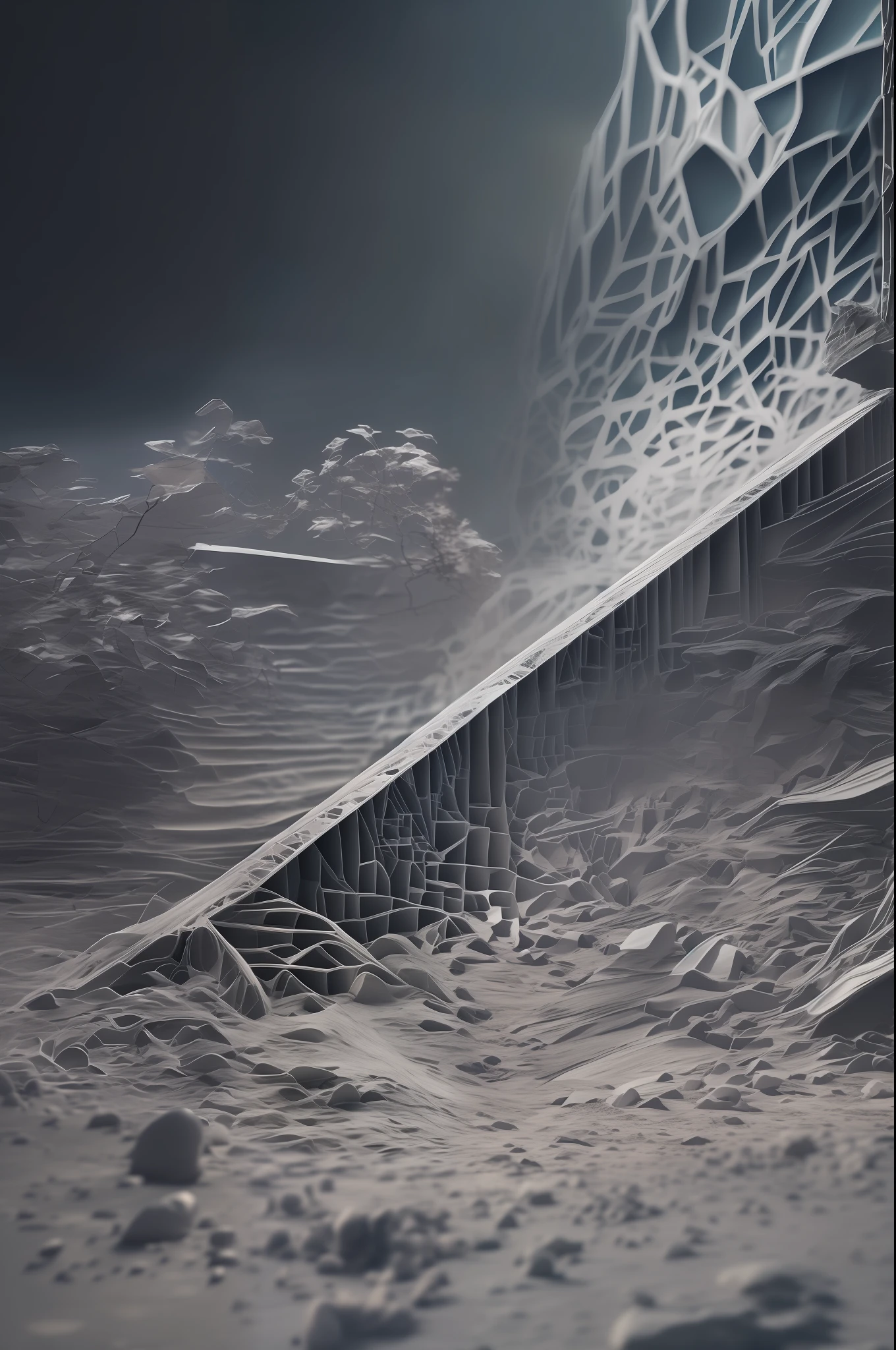 ancient knowledge, pronounced feminine organic clay structure, plastic, going through time and space, ether flow in a shattered titanic structure, frosted glass behance design, subsurface scattering of diffused light, jewelry macro shot, fluid marbling, (stratal incisions:1.1), dynamic, diagonal, tilted, complex composition, bright vivid color accent, slate gray atmosphere, hdr, dramatic light, cinematic
