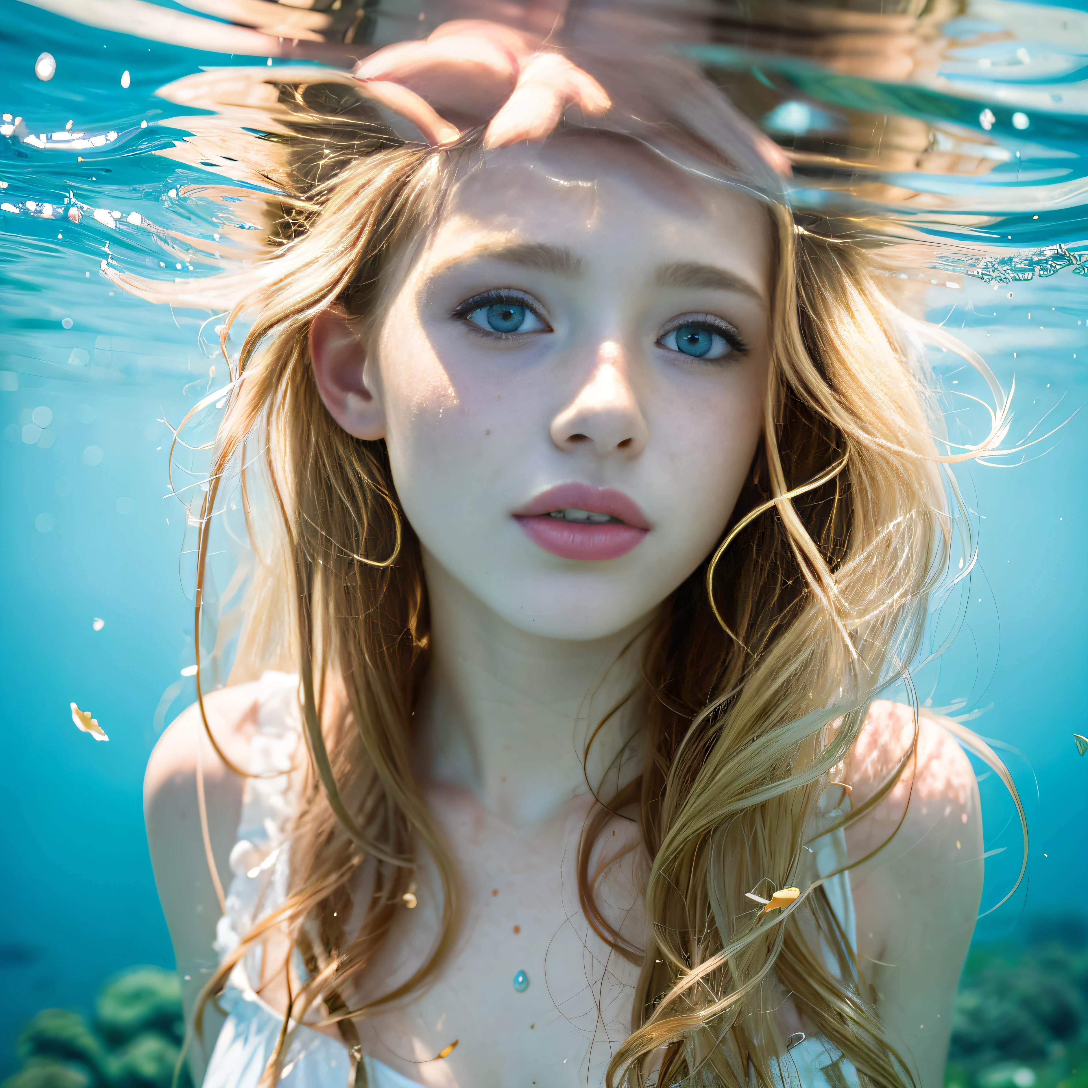 Beautiful realistic girl underwater in her thirteen years with freckles and blonde curls and skin details in the field of flowers during the golden hour, skin with beautiful nostalgic mood and freckles with emotive face with wet skin and falling petals