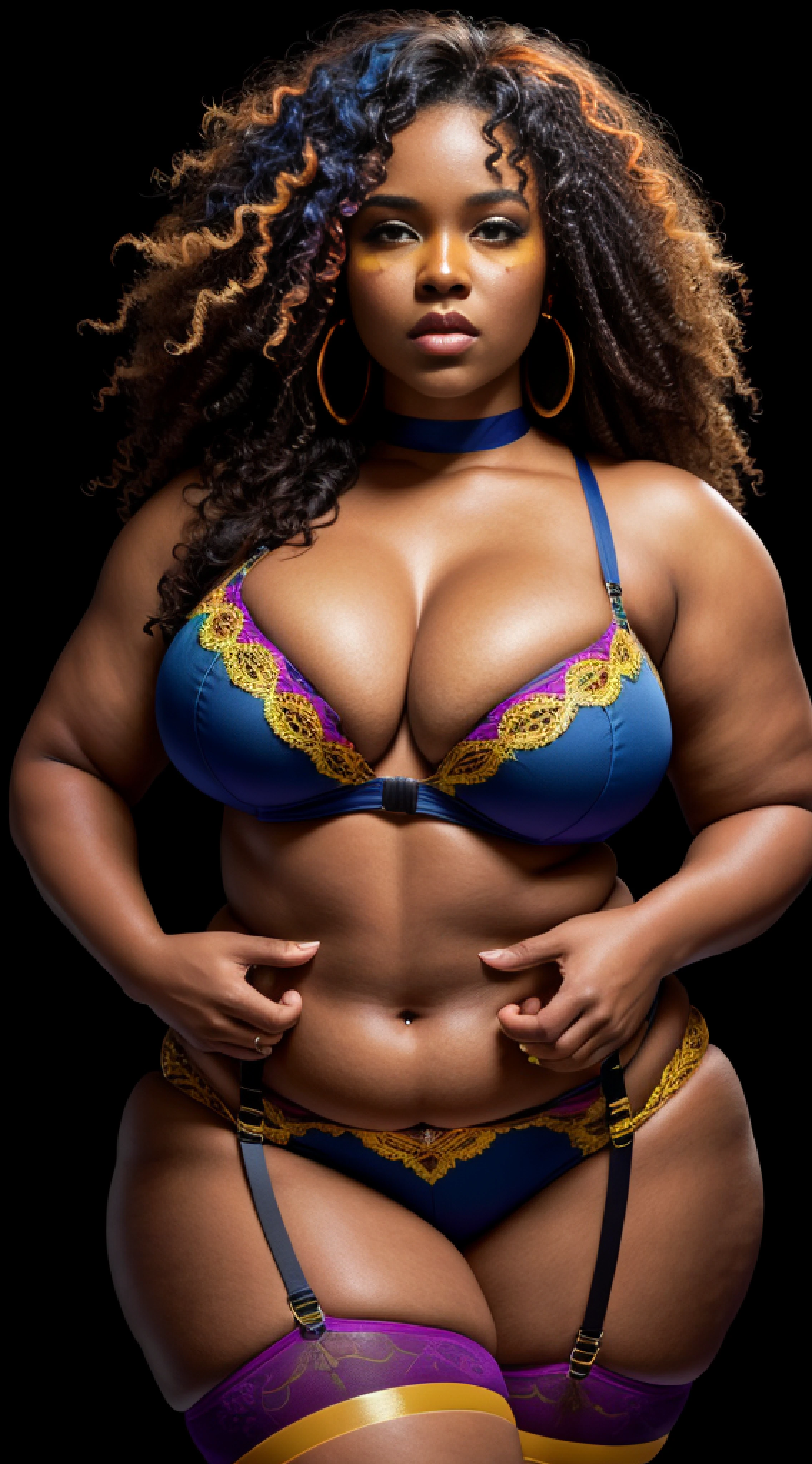 Masterpiece, BREAK, stunning african goddess, ebony, extra tan skin, bbw, extreme long afro curly hair, detailed (wrinkles, blemishes!, folds!, moles, viens, pores!!, skin imperfections:1.2), (red and orange and yellow and green and blue and indigo and violet) (sexy attire), Wearing edgTemptation, (large garter belt with multiples straps), (cuban stockings), BREAK, uptown, cleavage, very detailed, dramatic lighting, digital art trends on Artstation 8k HD detailed realistic, detailed, skin texture, super detailed, realistic skin texture, armature, best quality, super high res, (fidelity: 1.4), high resolution, detailed, raw photo, sharp re, by lee jeffries nikon d850 film stock photograph 4 kodak portra 400 camera f1.6 lens rich colors hyper realistic lifelike texture dramatic lighting unrealengine trending on artstation cinestill 800, bar lounge