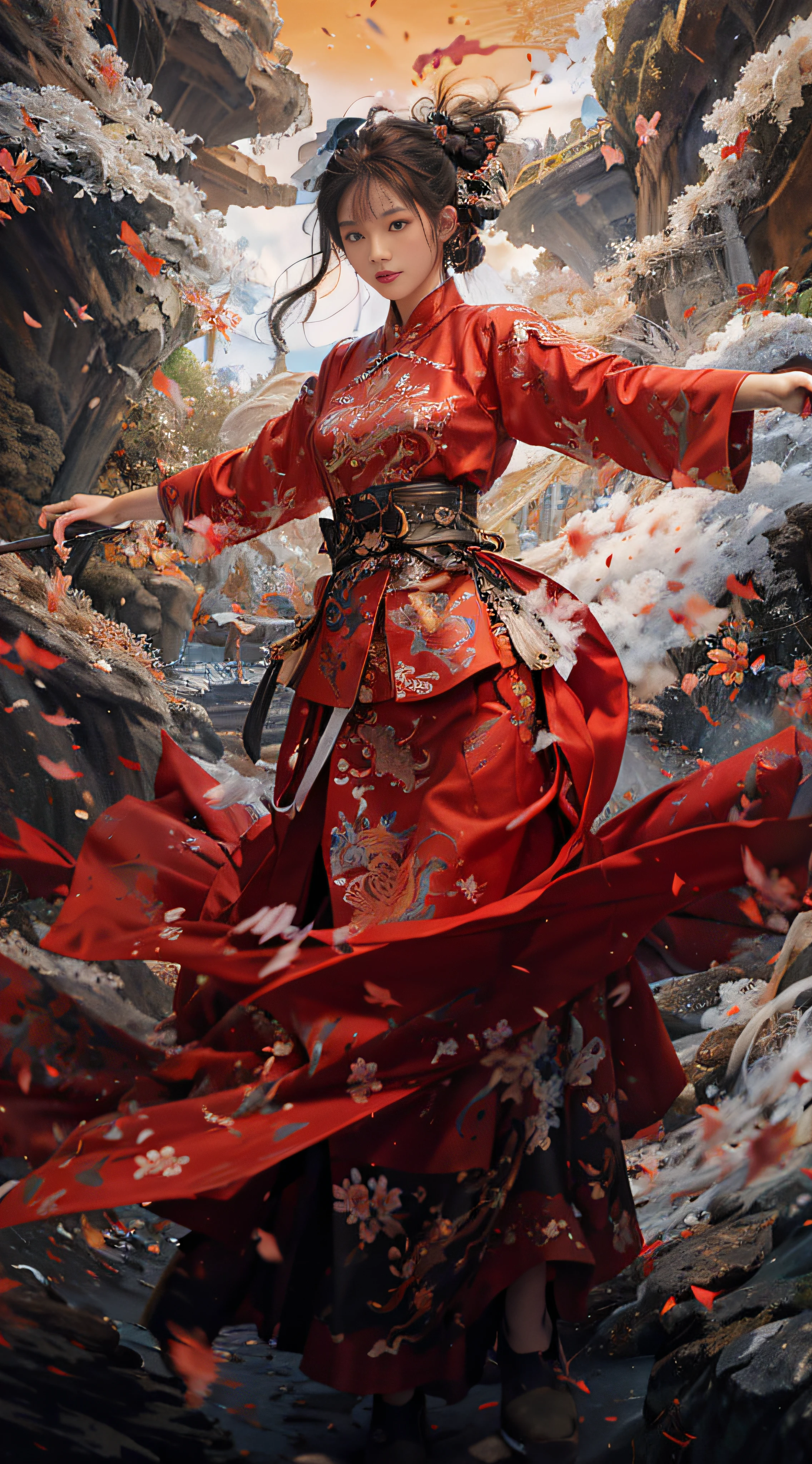 raw photo, best quality, masterpiece, ultra high res, (photorealistic:1.4), Anime a poster, 1hand holding a big long knife, two hands, wear kungfu master cloth, wave, chinese traditional ink style, Maiden Dragon Slayer, main color is red and white and black ink, dynamic movement, dynamic pose, movement, full body::1 Amazing Vector in oil painting environmental art cinematic, diorama, intricate detail, solo, dress, floating_hair