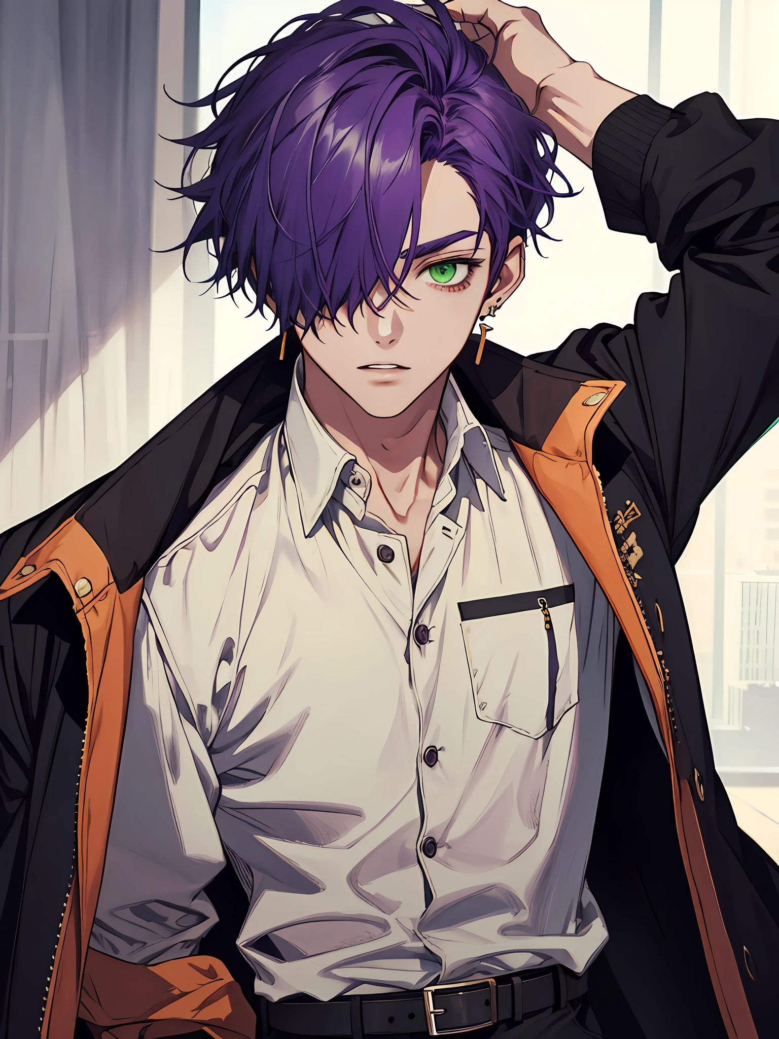 best quality, masterpiece, highres, 1boy,male,solo,upper body, sampo,purple hair,green eyes,hair over one eye,jacket,shirt,earrings,belt