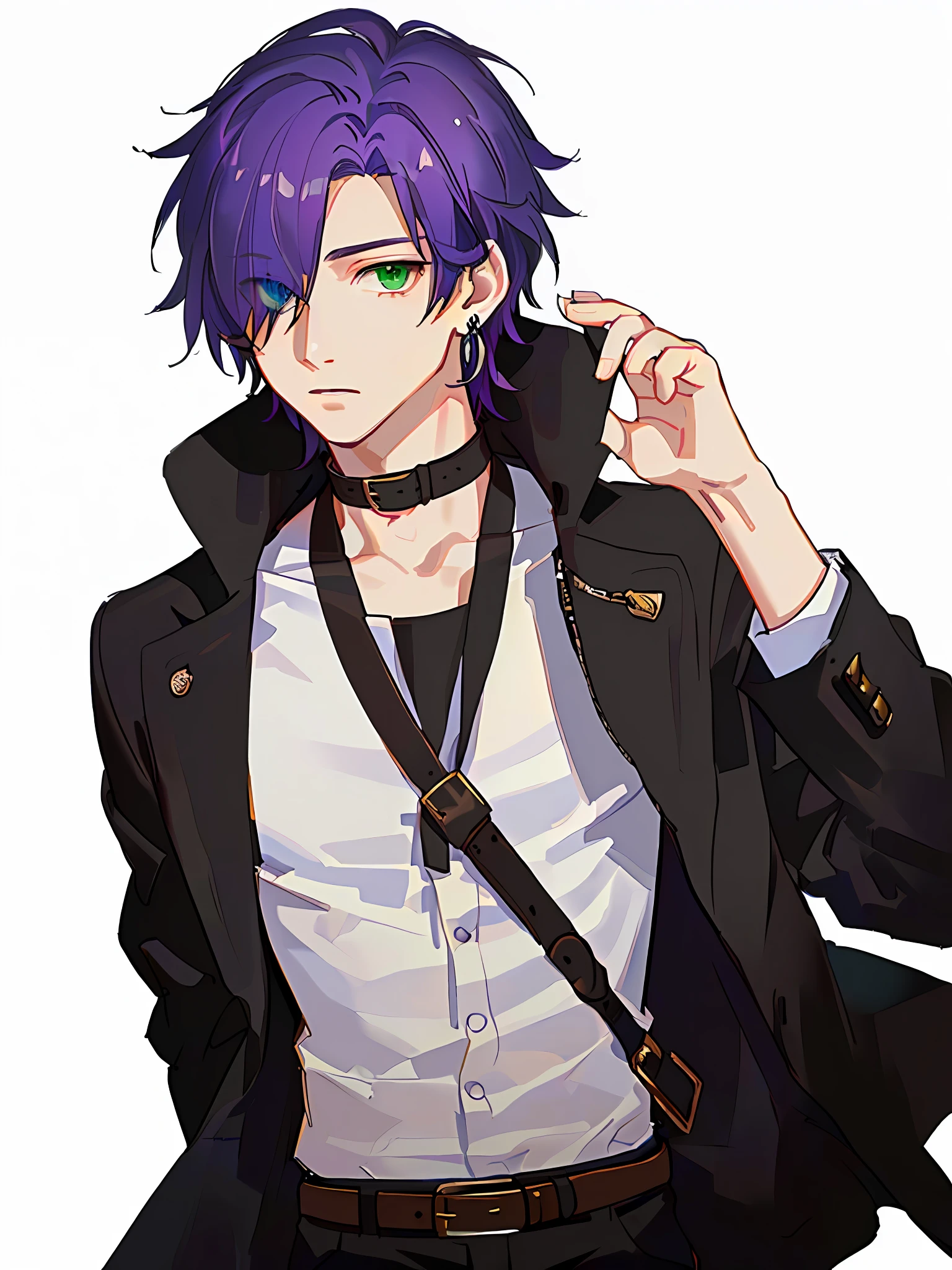 best quality, masterpiece, highres, 1boy,male,solo,upper body, sampo,purple hair,green eyes,hair over one eye,jacket,shirt,earrings,belt