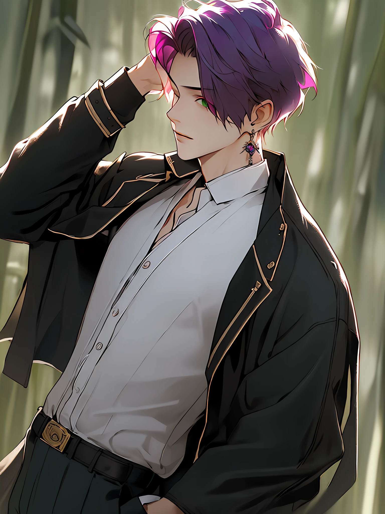 best quality, masterpiece, highres, 1boy,male,solo,upper body, sampo,purple hair,green eyes,hair over one eye,jacket,shirt,earrings,belt