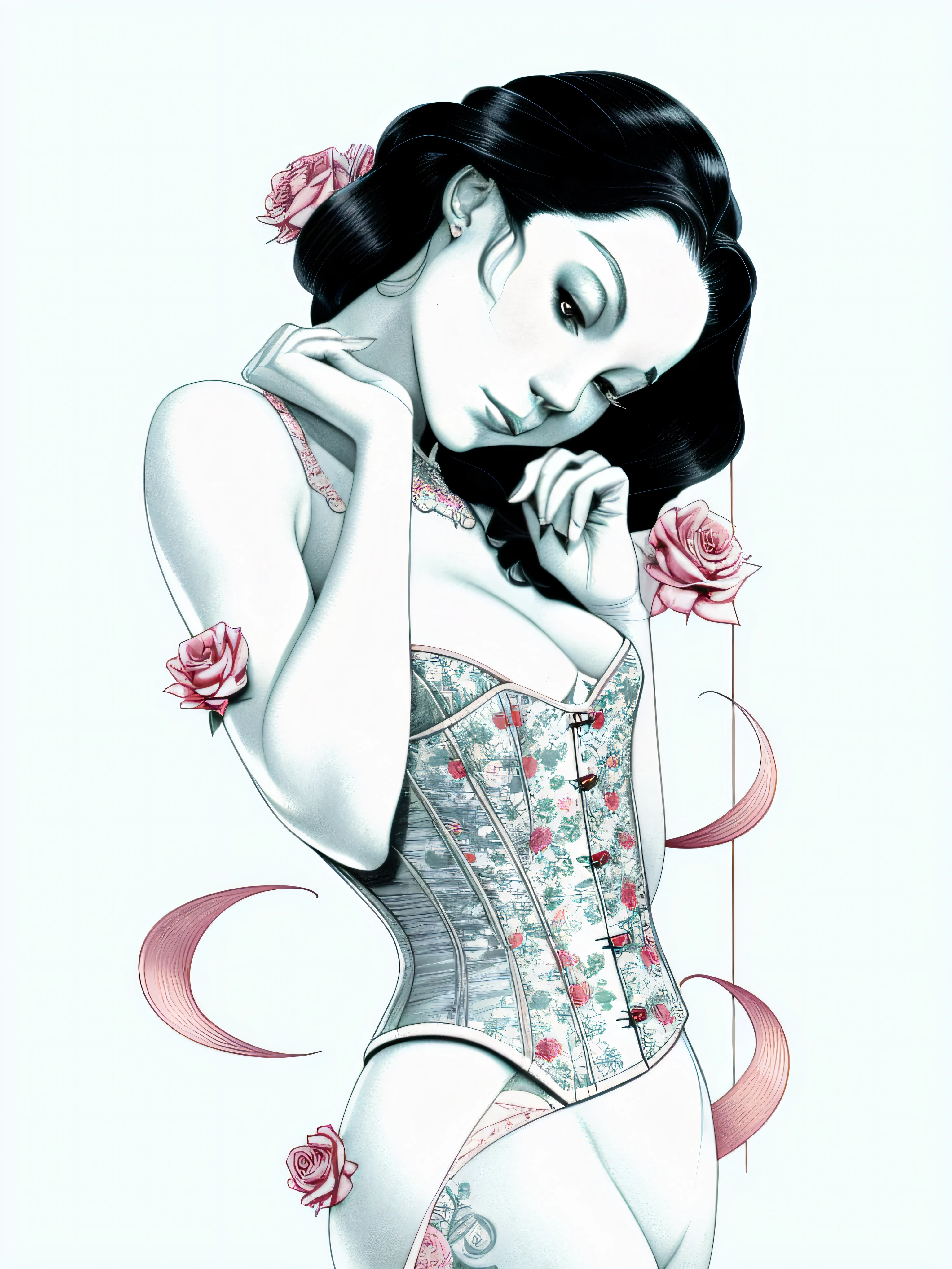 A drawing of a woman in a corset with roses on her chest, Anna Dittmann Alberto Vargas, por Randy Vargas, a beautiful artwork illustration, Arte Pinup, Artgerm y James Jean, por Audrey Kawasaki, pinup tatuado, artistic illustration, por Eddie Mendoza, inspirado por Alberto Vargas, Cuerpo de pinup, inspirado por James Jean, Ilustraciones de James Jean