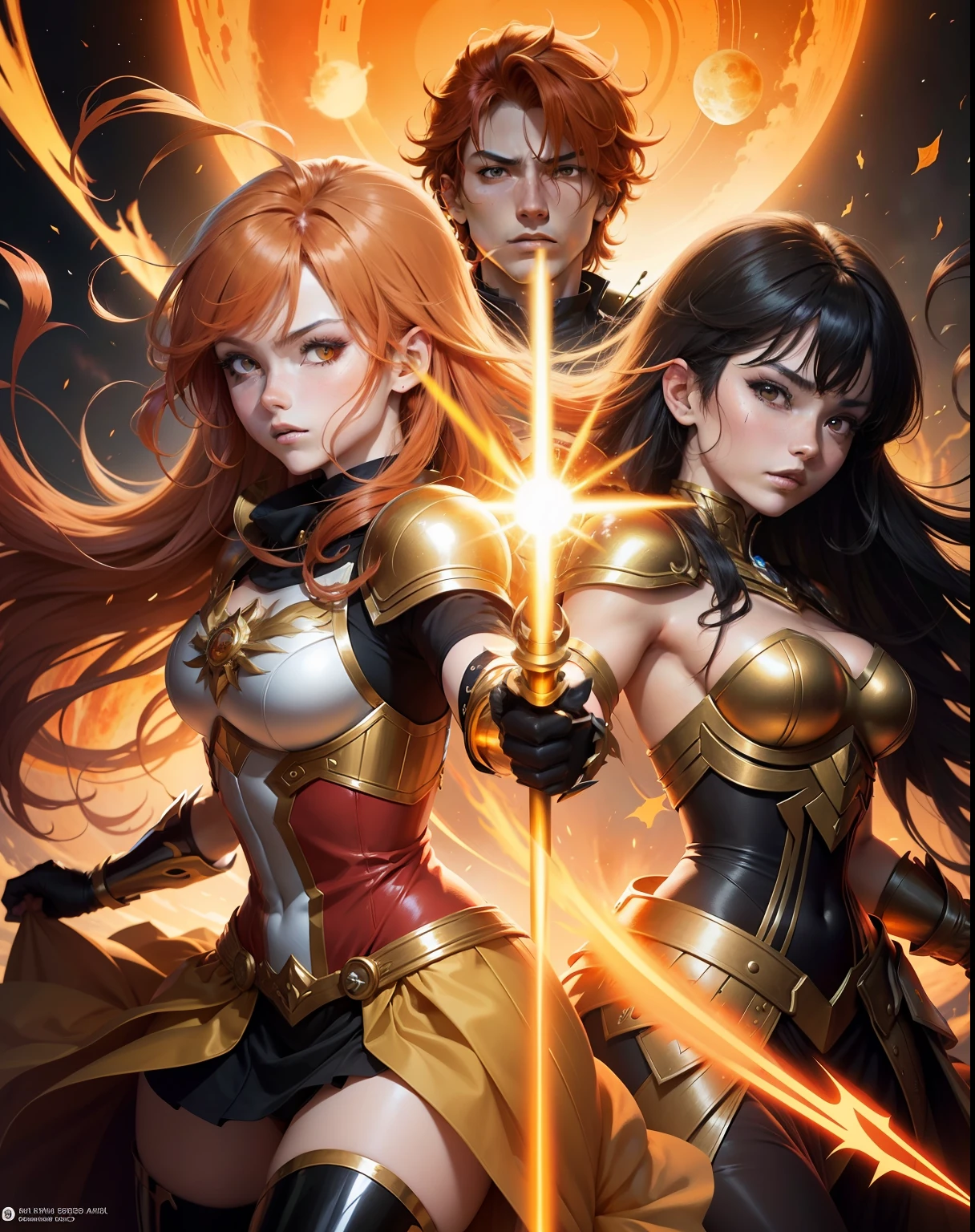 An Irish-style orange and red-haired boy in a Saint Seiya-style golden-style armor hurling a golden spear to the left, and a black-haired goth girl with two red locks dressed in a white gothic dress to the right, The two are below a large yellow sun and falling towards a black sun below. anime, Arte Promocional, Arte Oficial, arte detalhada da capa, Arte Oficial, capa de livro, manga cover, super detalhada, illustration. --auto