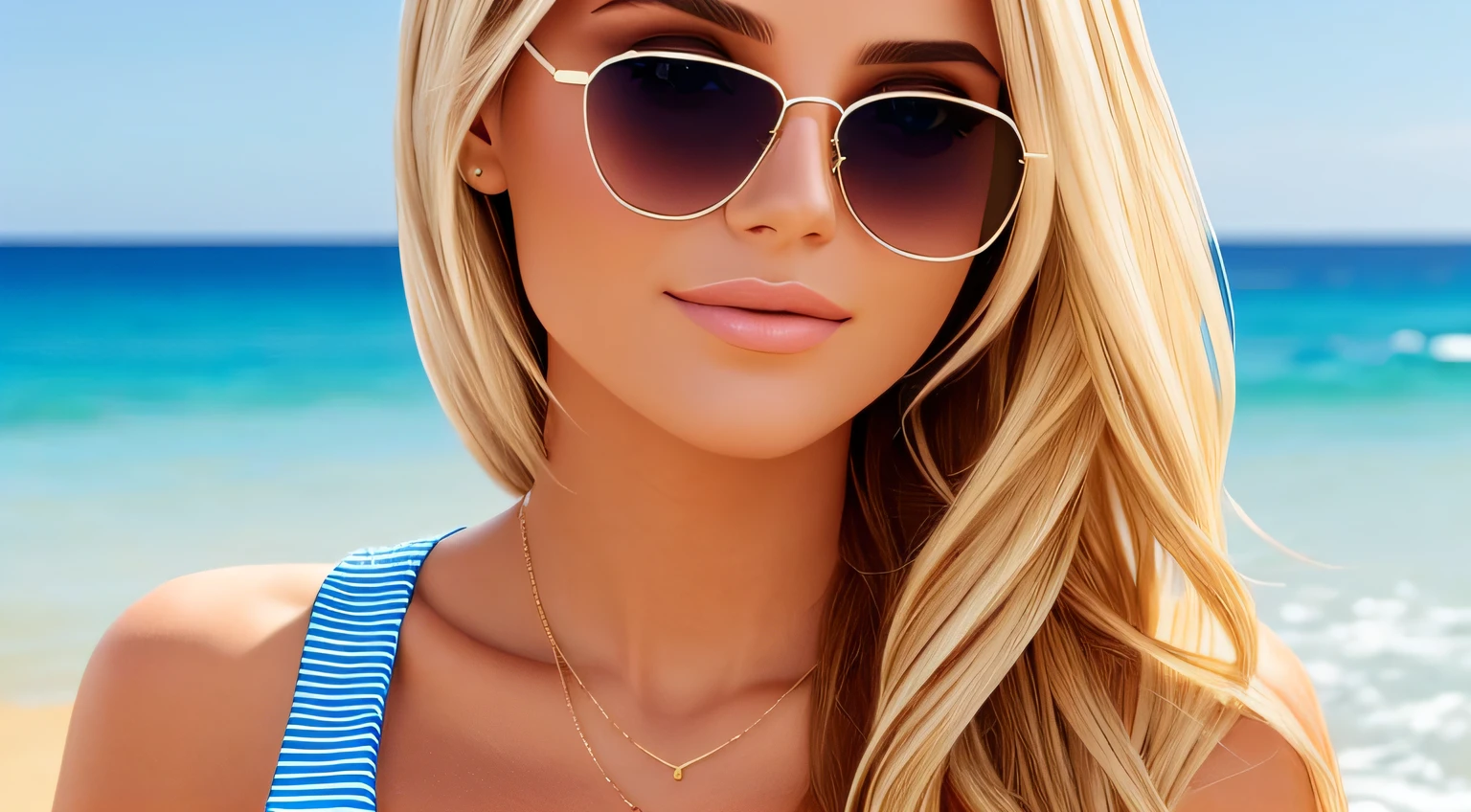 a beautiful woman, blonde in sunglasses on the beach realistic. --auto