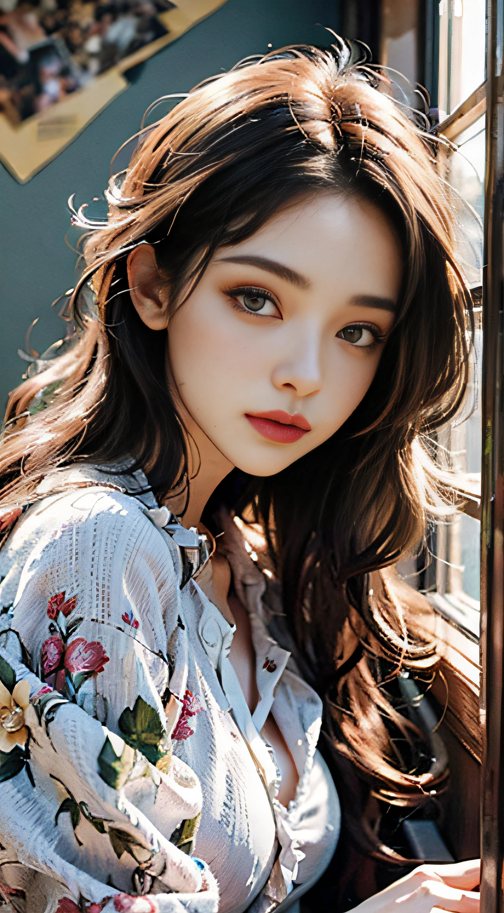 （hyper realstic）， （illustratio）， （hight resolution）， （8K）， （Very detailed）， （Most Best Illustration）， （beautiful and delicate eyes）， （best qualtiy）， （Super Detail）， （tmasterpiece）， （Desktop Wallpapers）， （Detailed face），Zentangle，（abstract background：1.5）（1girll：1.3），Long whit hair，by the window，looking at viewert，MagazineCover