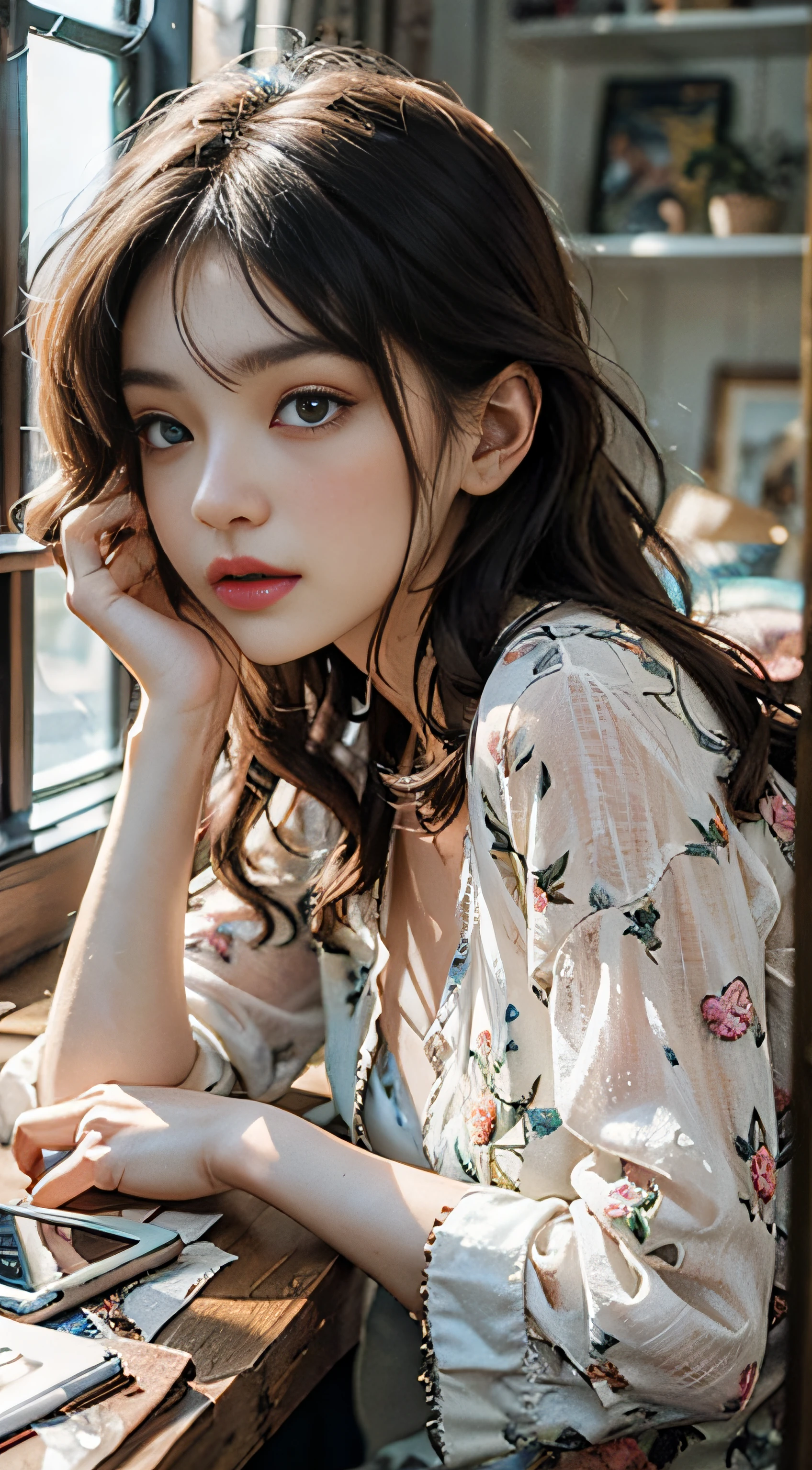 (hyper realstic), (illustratio), (hight resolution), (8K), (Very detailed), (Most Best Illustration), (beautiful and delicate eyes), (best qualtiy), (Super Detail), (tmasterpiece), (Desktop Wallpapers), (Detailed face),Zentangle,(abstract background:1.5)(1girll:1.3),Long whit hair,by the window,looking at viewert,MagazineCover