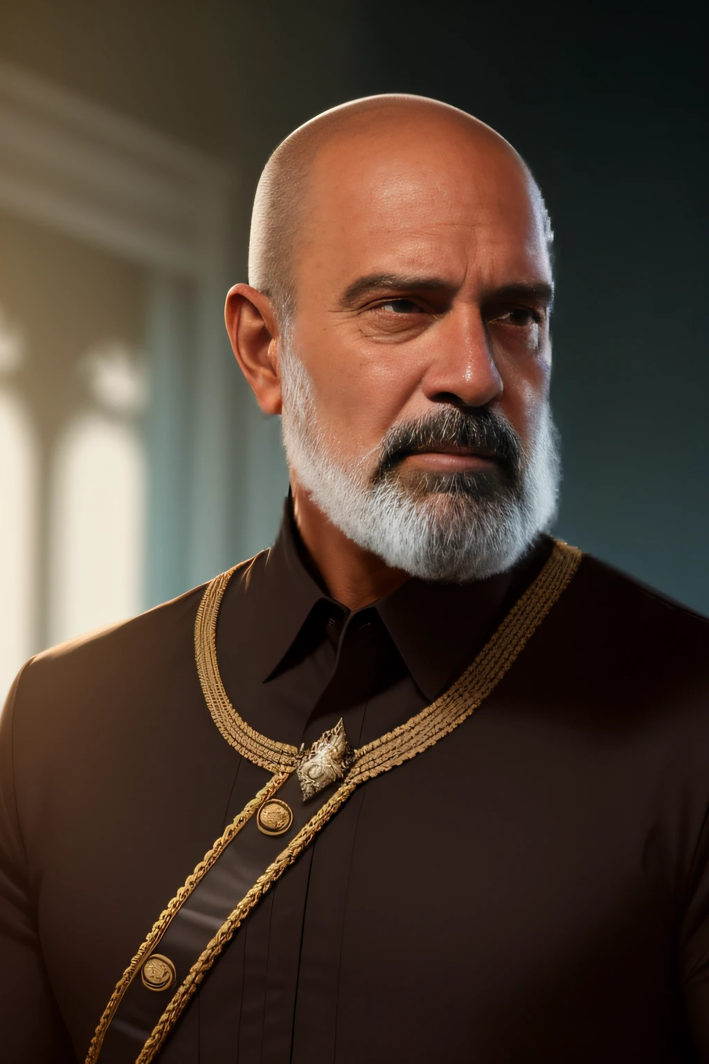 Um homem velho, careca (sem cabelo), de roupa preta, terno e gravata, Cinematic 8K