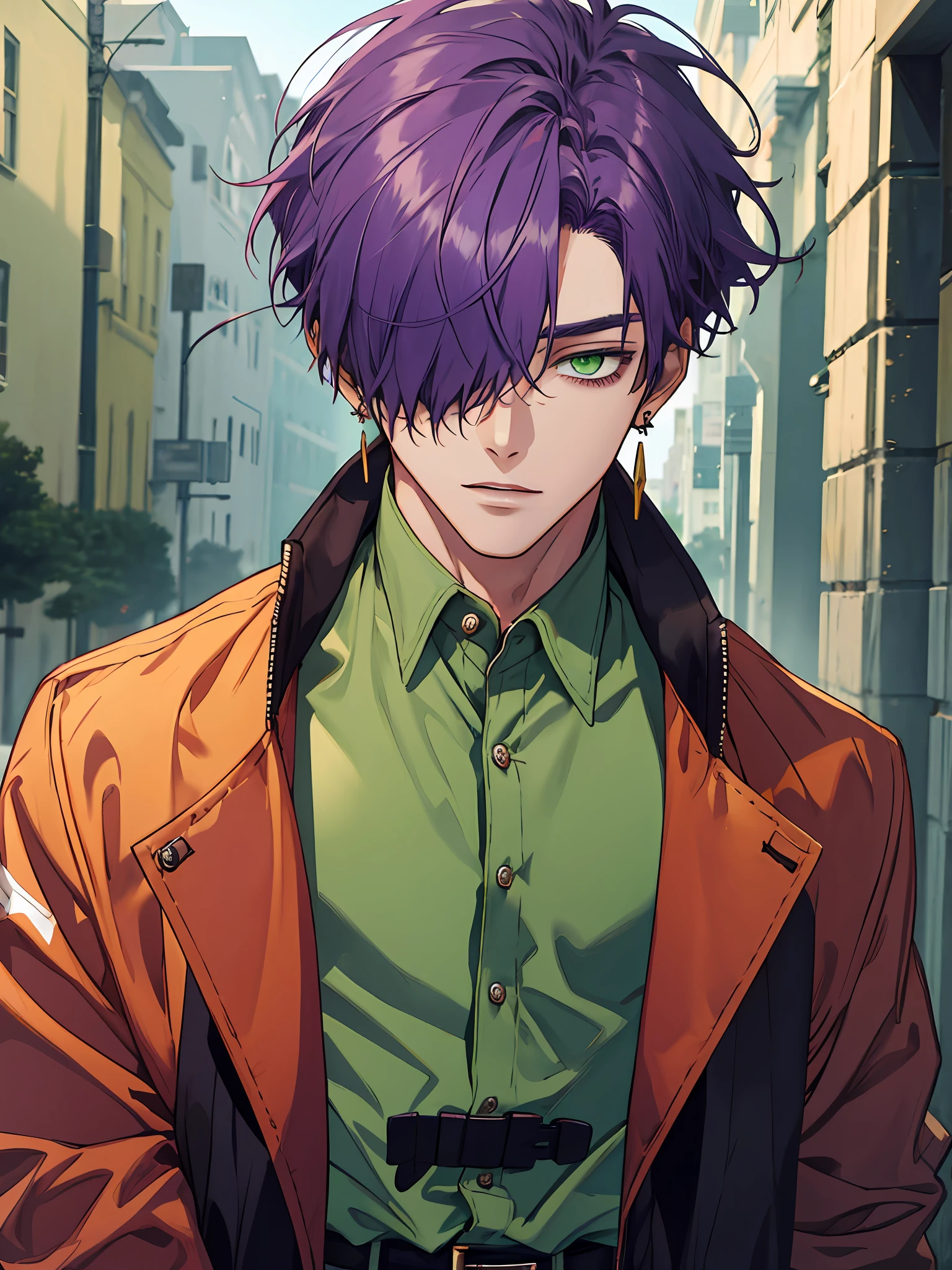 best quality, masterpiece, highres, 1boy,male,solo,upper body, sampo,purple hair,green eyes,hair over one eye,jacket,shirt,earrings,belt