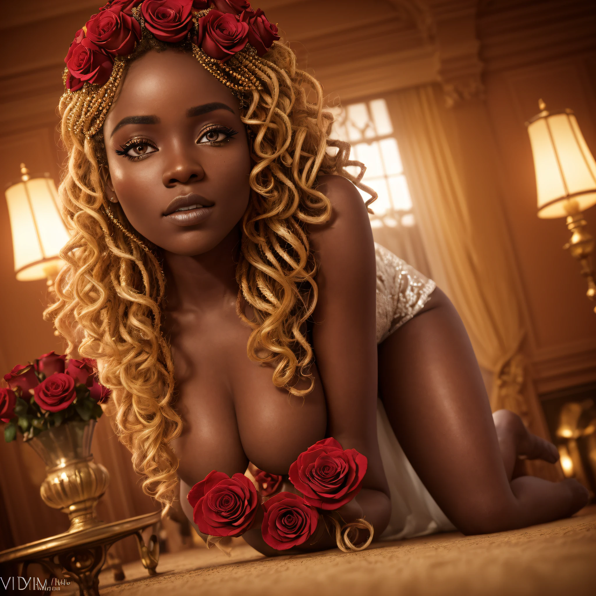 (hyperdetailed) [an African woman] as [bride], sexy, viewer poses, cinematic shot, full body, centered, 100mm lens, perfect angle, award-winning, dynamic, intricate pose, hot girl, [wavy blonde] hair , sultry [bride] hyperdetailed ] dress, seductive, hyperdetailed face, beautiful detailed eyes, [detailed and accurate body proportions], detailed face, expressive, cinematic lighting, volumetric lighting, studio lighting, global illumination, depth of field, blur, light reflection, shadow, contrast, (ultra detailed, finest detail, intricate), ((Masterpiece)), perfect ((face bent over viewer)), (blend fantastic color palette, [storytelling] atmosphere, [dormitory] bouquet of red roses, play of light and shadow.