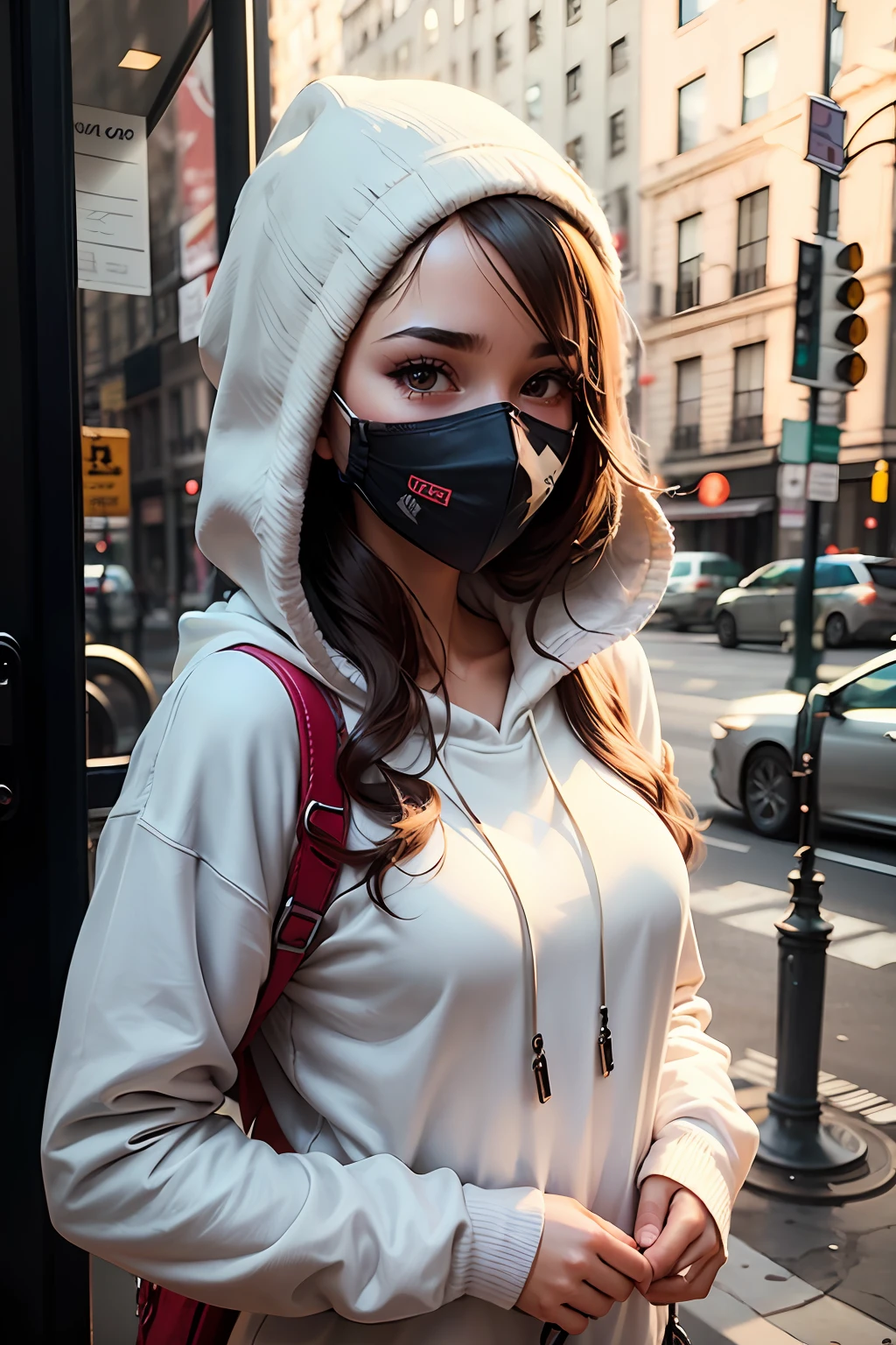 Portrait of a young woman with a sweatshirt mask on her face --auto