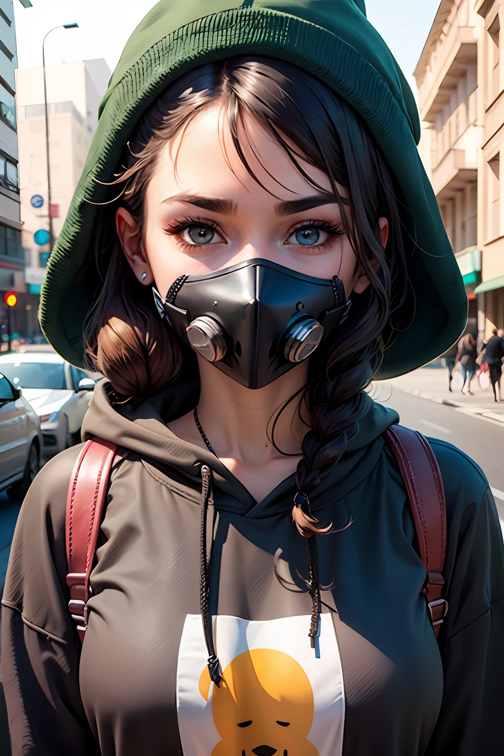 Portrait of a young woman with a sweatshirt mask on her face --auto