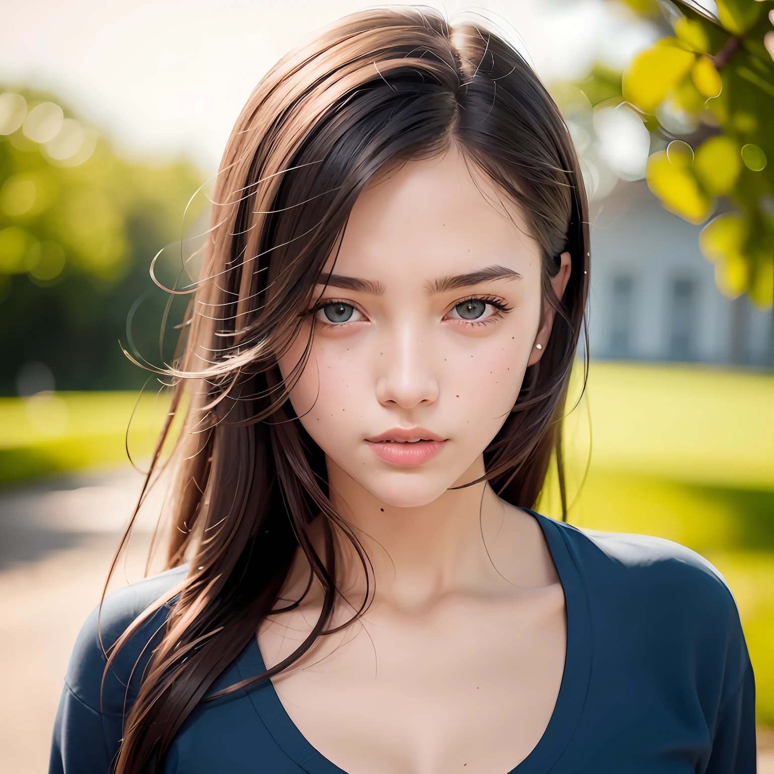 RAW photo, 22 year old girl, blue sweatshirt, (1girl), (realistic), (photorealistic: 1.5), lipstick, freckles, long brown hair (RAW photo, 8k uhd, grainy film), Sharp Eyeliner, Eyeshadow Blush With Thick Lashes, extremely delicate and beautiful, 8k, soft lighting, high quality, high resolution, sharp focus, extremely detailed, daytime, (sunshine on face), beautiful detailed eyes, extremely detailed eyes and face, work- press, cinematic lighting, (highly detailed skin: 1.2), 8k uhd, dslr, soft lighting, high quality, film grain, Fujifilm XT3, CircuitBoardAI