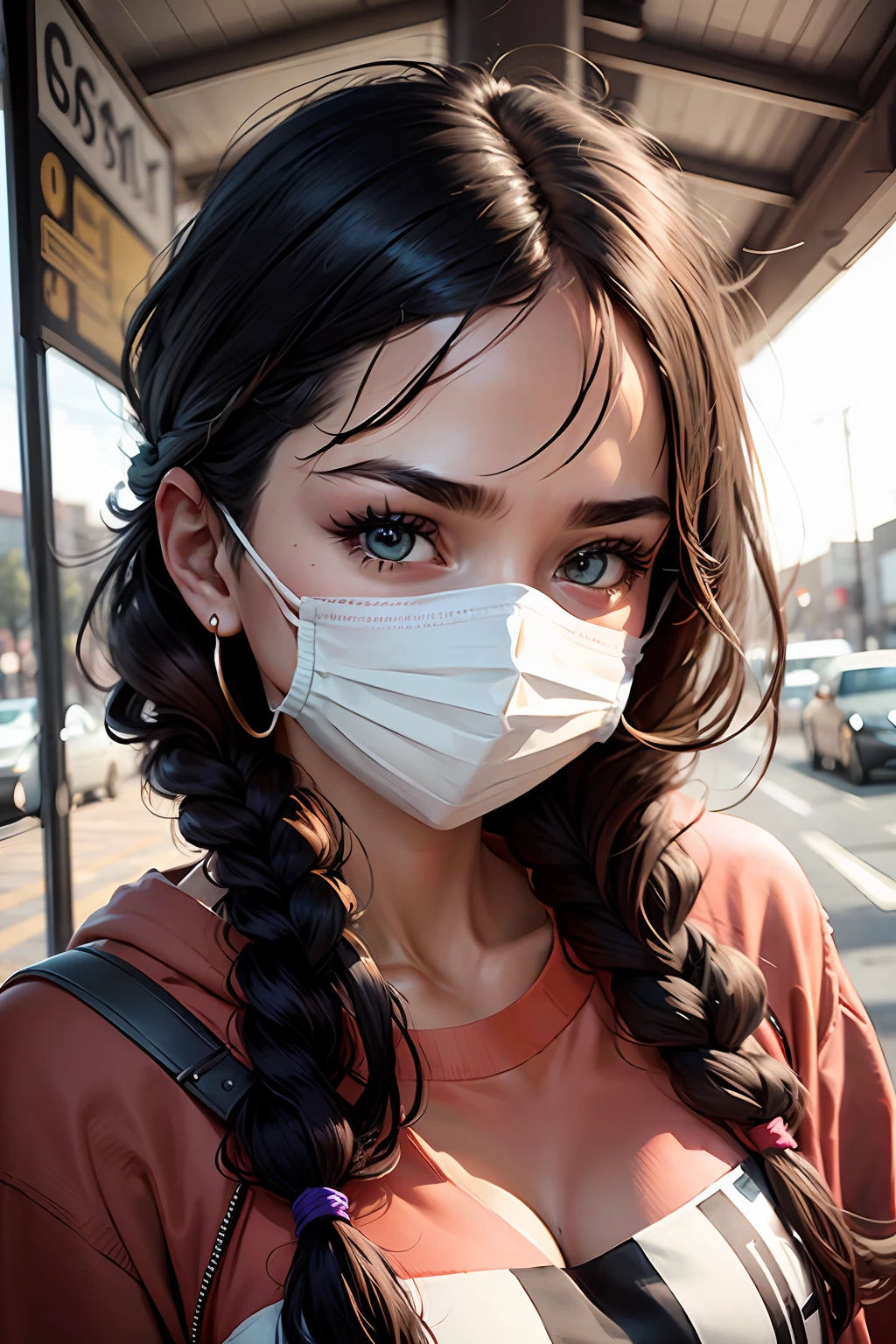 Portrait of a young woman with a sweatshirt mask on her face --auto