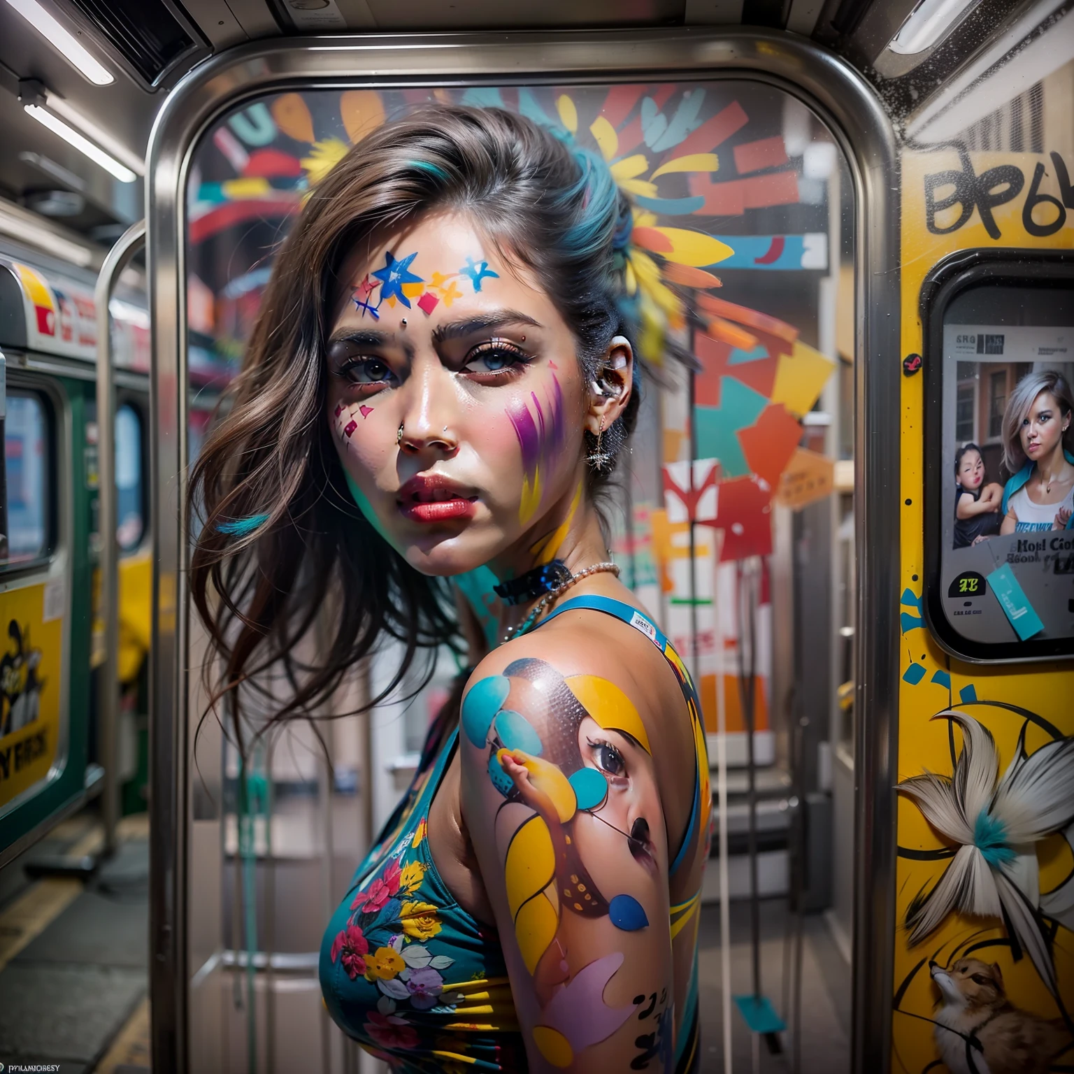 Graffiti on the wall of a subway car with a woman in a colorful dress, Arte callejero 8 K, Estilo de arte callejero, Graffiti de pintura corporal pintada con aerosol, Arte callejero, Retrato impresionante, Impresionantes obras de arte, bellamente pintado, Mujer impresionante, hermosa dama, Hermosas obras de arte, Epic full-face portrait, hiperrealismo colorido, Arte urbano, Hermoso retrato, por artista, Arte corporal completo