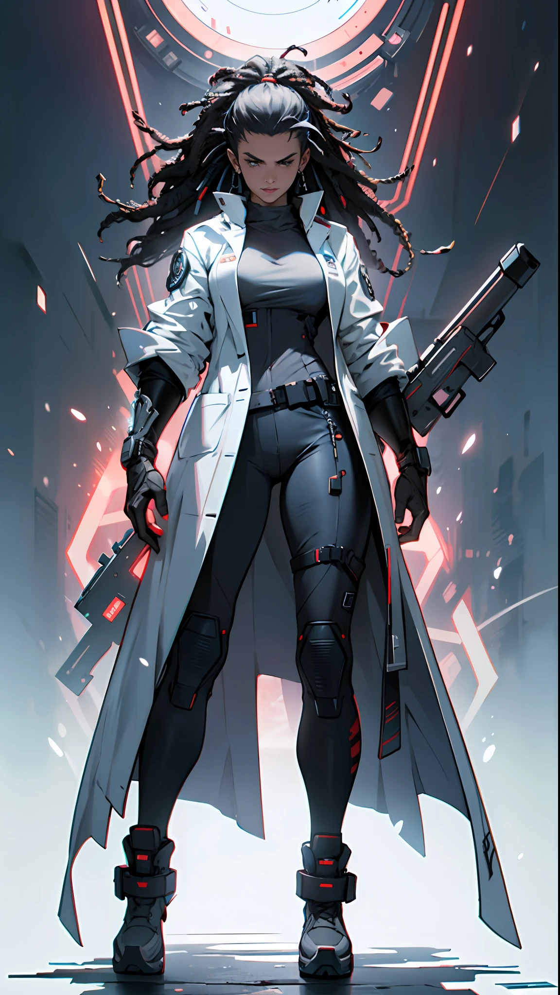 character sheet, full body front and back, cyberpunk black scientist woman, white science overcoat, large hand cannon gun, dreadlock hair, floating energy power, White background, intricate detail, high detail, full color, perfect anatomy, centered, approach to perfection, 4k , cinematic dramatic atmosphere, artstation, concept art, fluid and sharp focus, volumetric lighting, cinematic lighting