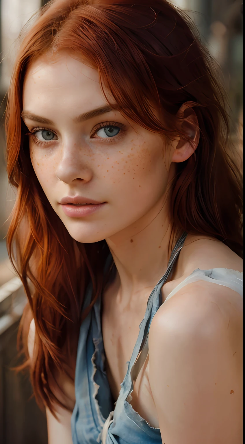 High detail RAW color closeup portrait of pale beautiful 20-year-old woman ((cute fun, redhead, slim) with angular face, female, big eyes)), ((wearing rags, damaged)) cover, realistic, symmetrical, highly detailed, hard lighting, cinematic lighting, art by artgerm and greg rutkowski and alphonse mucha, serious eyes, contrast, textured skin, cold skin pores, Hasselblad, 45 degrees, hard light, gigapixel, visible feet, flawless face, freckles, perfect shaved