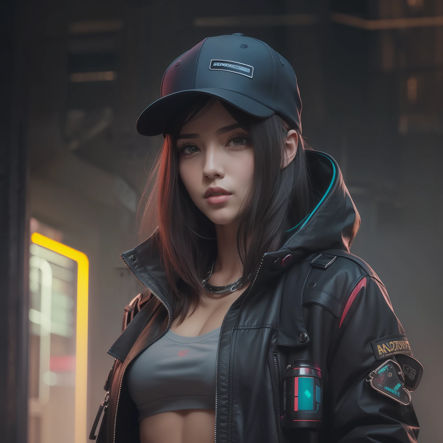 Beautiful woman medium hair, wearing cap, cyberpunk style short clothes