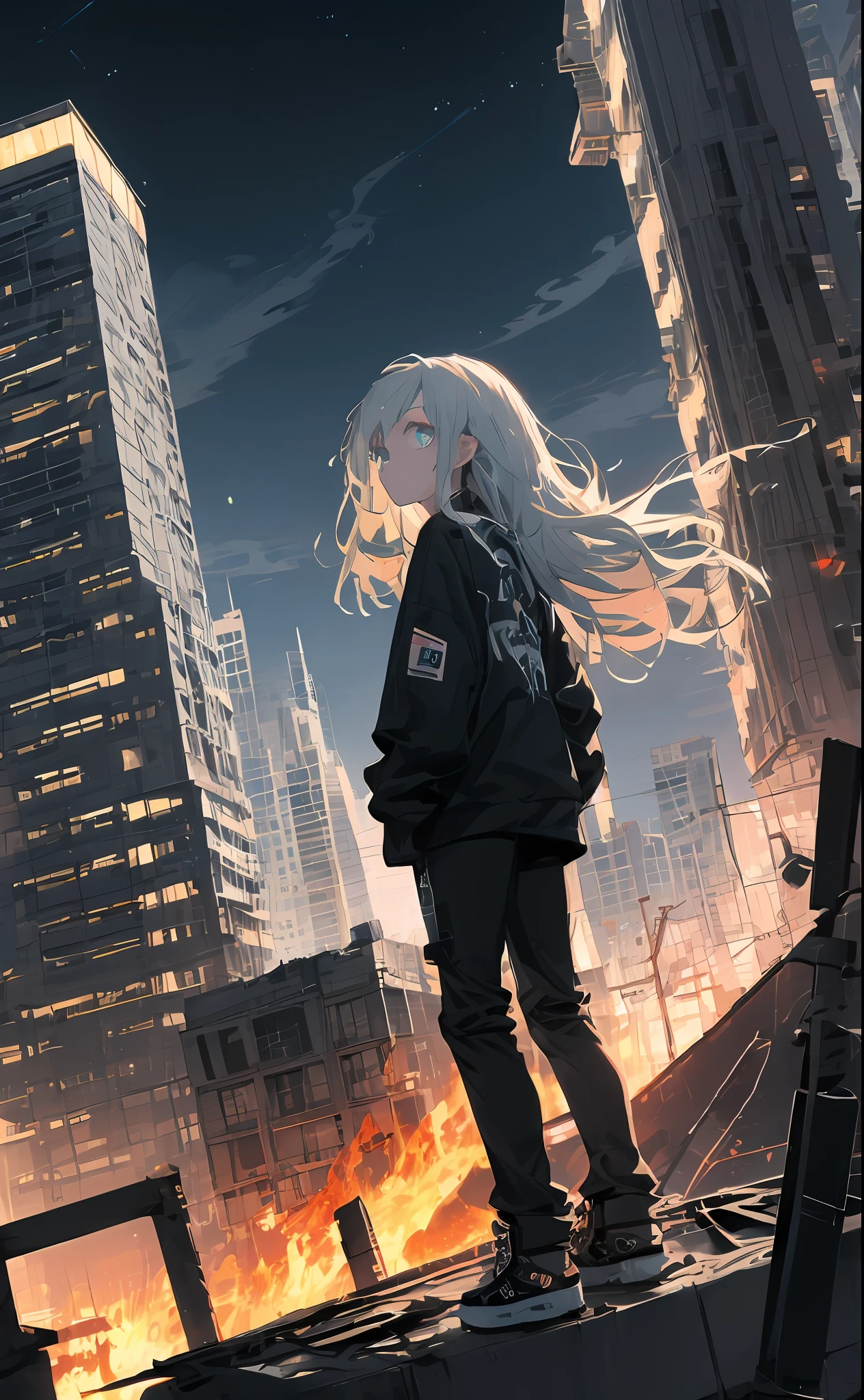 (tmasterpiece, beste-Qualit),From directly above, a 1girl, 独奏, stands on the roof, billboard, Adult, Cyan eyes, A detailed eye, White long hair, the wind, building, The city, cloudy skies, black baggy clothes, Shoes, tap \(machine\), dutch angle, from on the side, empty look, looking a viewer, exteriors, roof, The sky, skyscraper, (ruined city:1.2), war, (fire), garbage, ciberpunk, detailed clothes, Black pants, black sweatshirt, (dark sky:1.3), city   of the future, hopeless, ((end of the world, the night)), spaceship in the sky