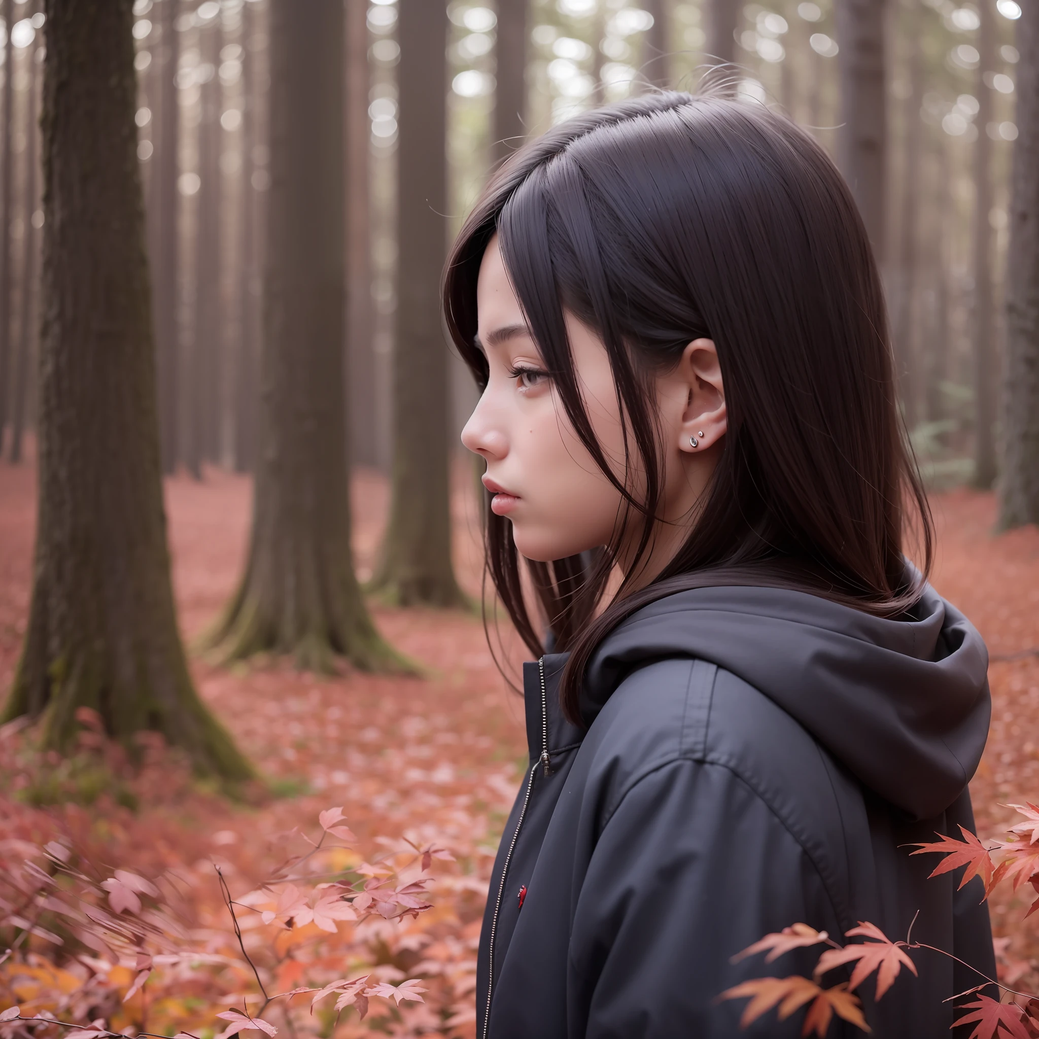 A young woman stands in a dark forest, surrounded by tall trees with red leaves. The person’s face is hidden by a blur, as if to protect their identity. They wear a black jacket and have dark hair that reaches their shoulders. The forest is dimly lit, creating a contrast between the red and black colors. The image evokes a sense of mystery and danger.