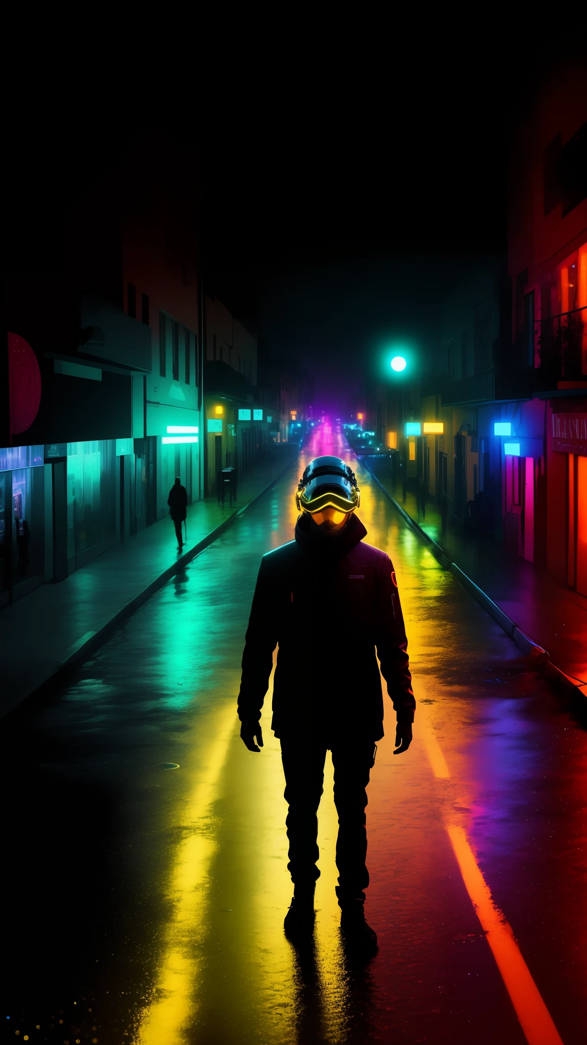 An award winning master piece photo of a cyborg man with psychedelic colors standing in a city street at night in the rain, wearing neon-colored glowing goggles, 8k, (high quality:1.1), (cinematic feeling:1.1), dark deep shadows, incredibly intricate detailing, art , (up close:1.1), from above, looking at viewer, (light sparkles:1.1), (chromatic aberration,:1.2) background with floating light artifacts