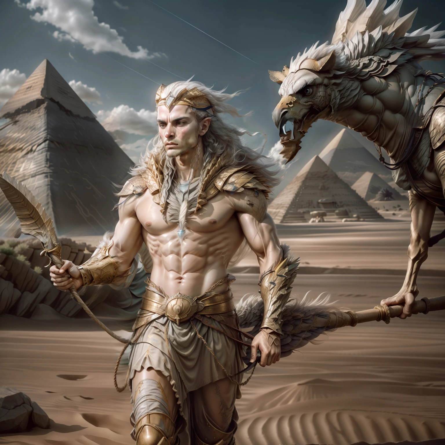 Ammon, eagle head, strong body, 5 fingers on hands, holding a staff, 18k, ultra realistic, Egyptian senario, with pyramids behind, desert, camels, gentle wind, --auto